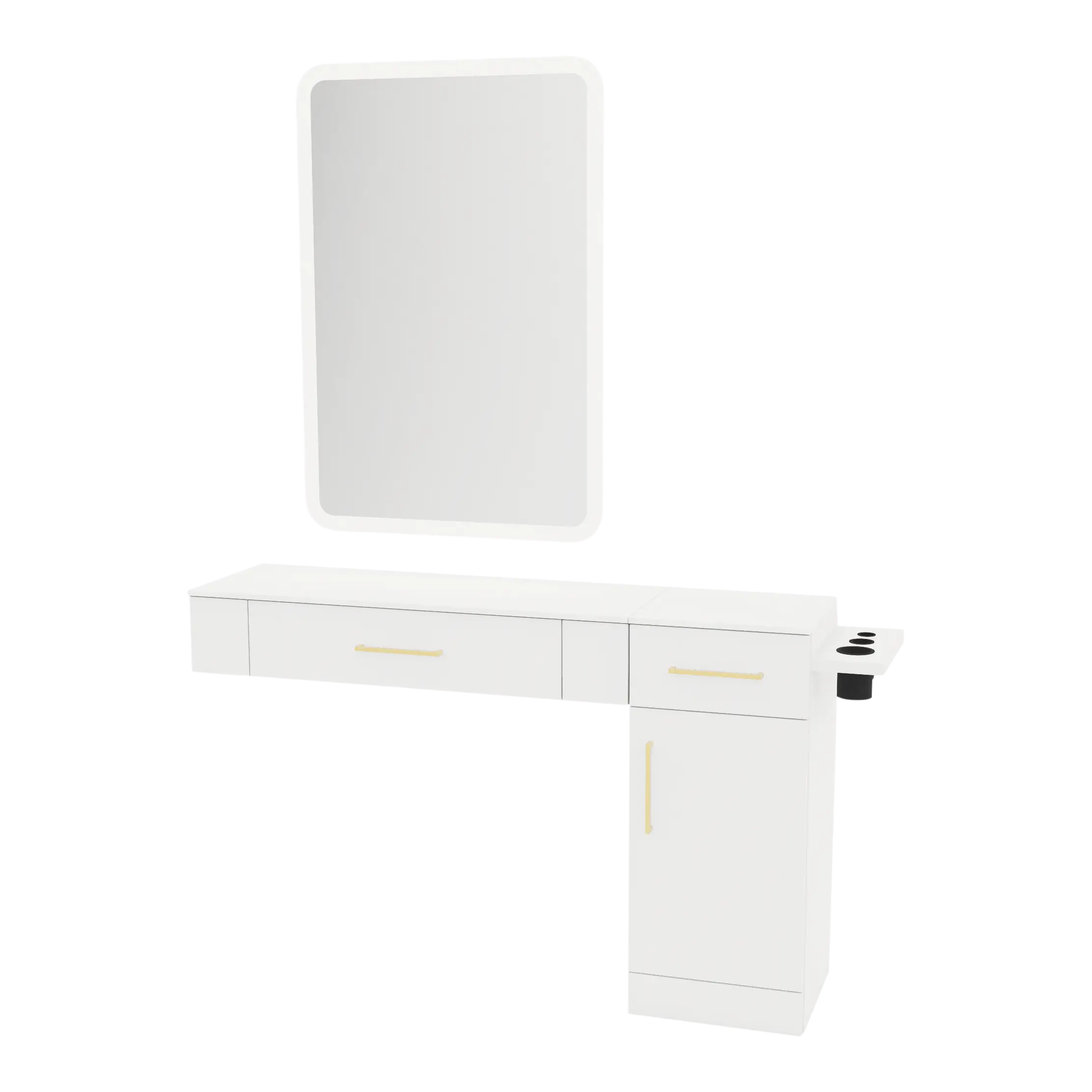 Nova Combo Wall Mount Styling Station with Side-Mount Appliance Holder, Solid Surface Countertop, and White Rectangle Illuminate Back Lit Mirror