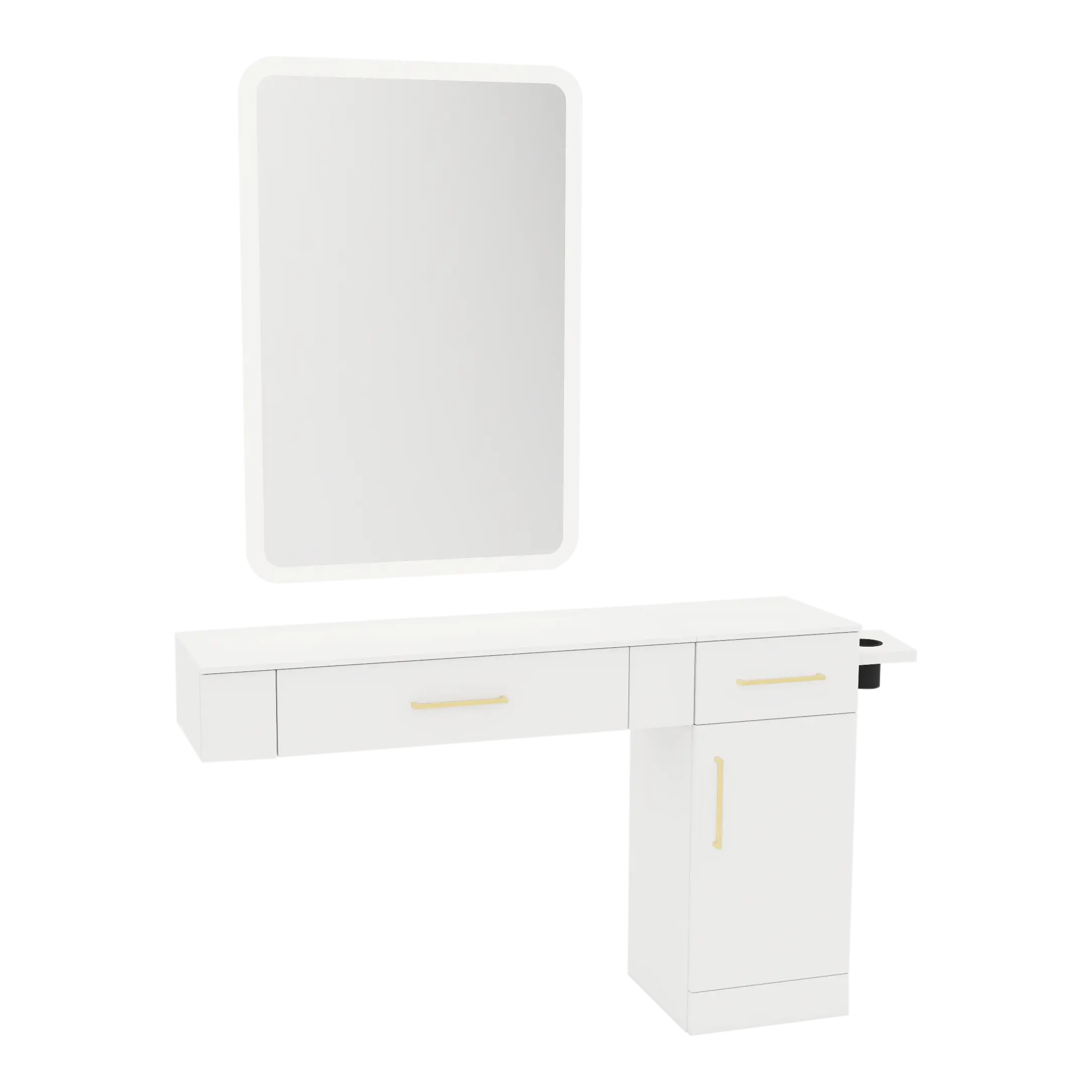Nova Combo Wall Mount Styling Station with Side-Mount Appliance Holder, Solid Surface Countertop, and White Rectangle Illuminate Back Lit Mirror
