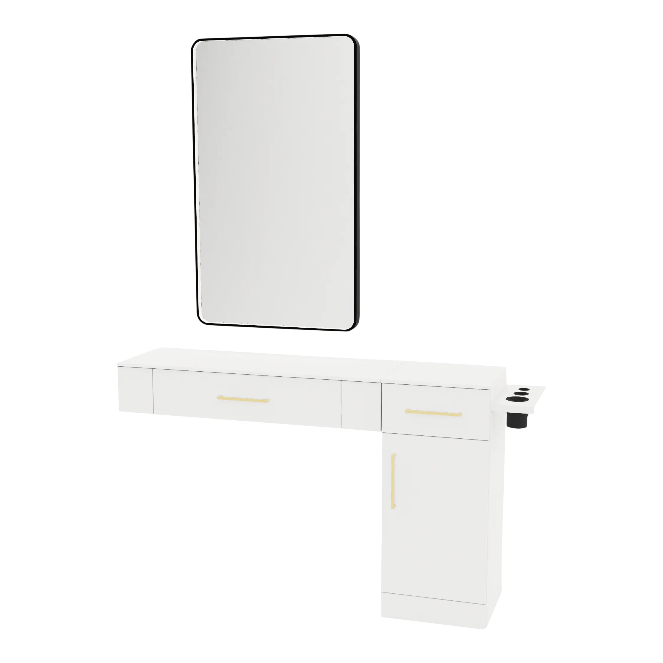 Nova Combo Wall Mount Styling Station with Side-Mount Appliance Holder, Solid Surface Countertop, and Black Rectangle Westin Mirror