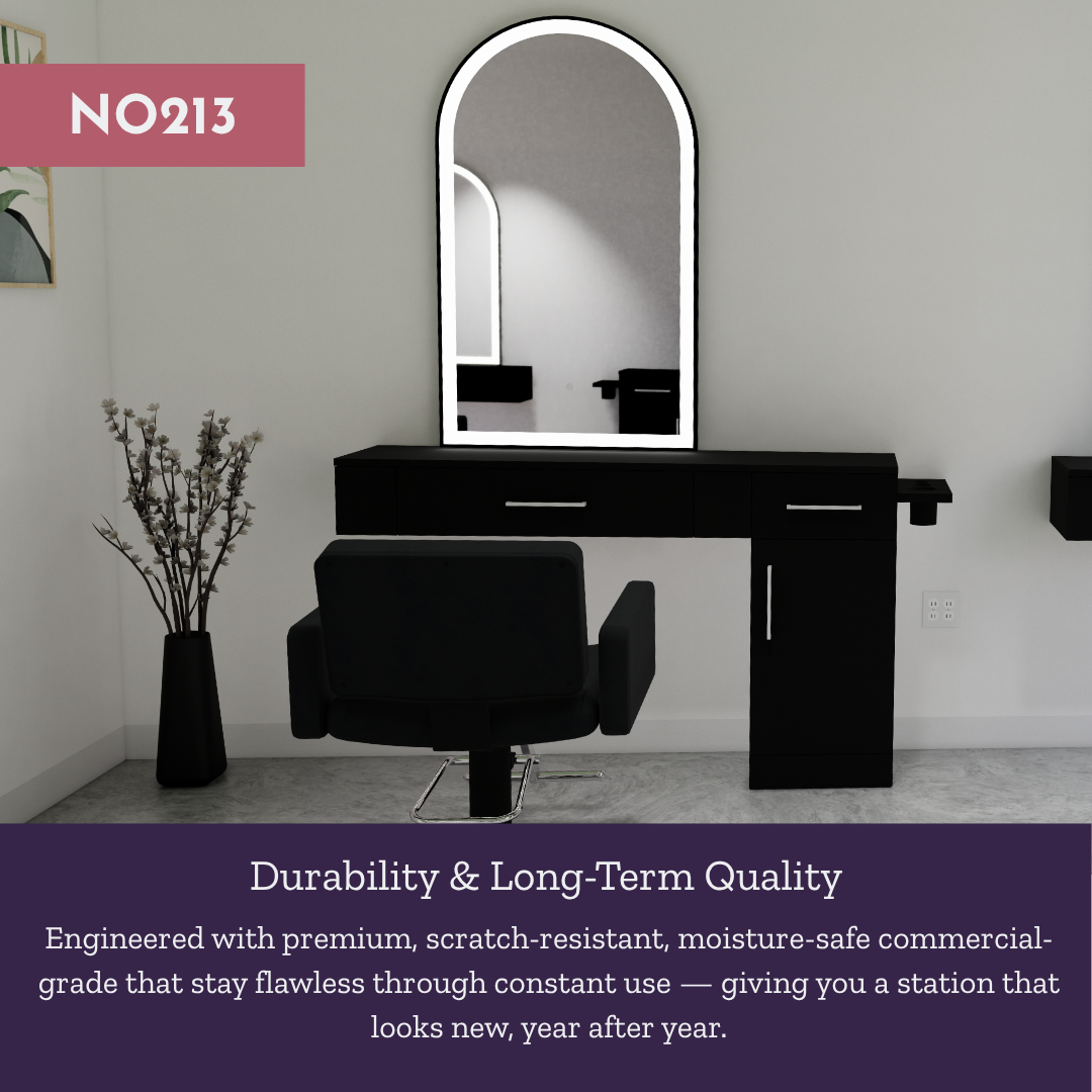 Nova Combo Wall Mount Styling Station with Side-Mount Appliance Holder and Black Arch Paloma Mirror