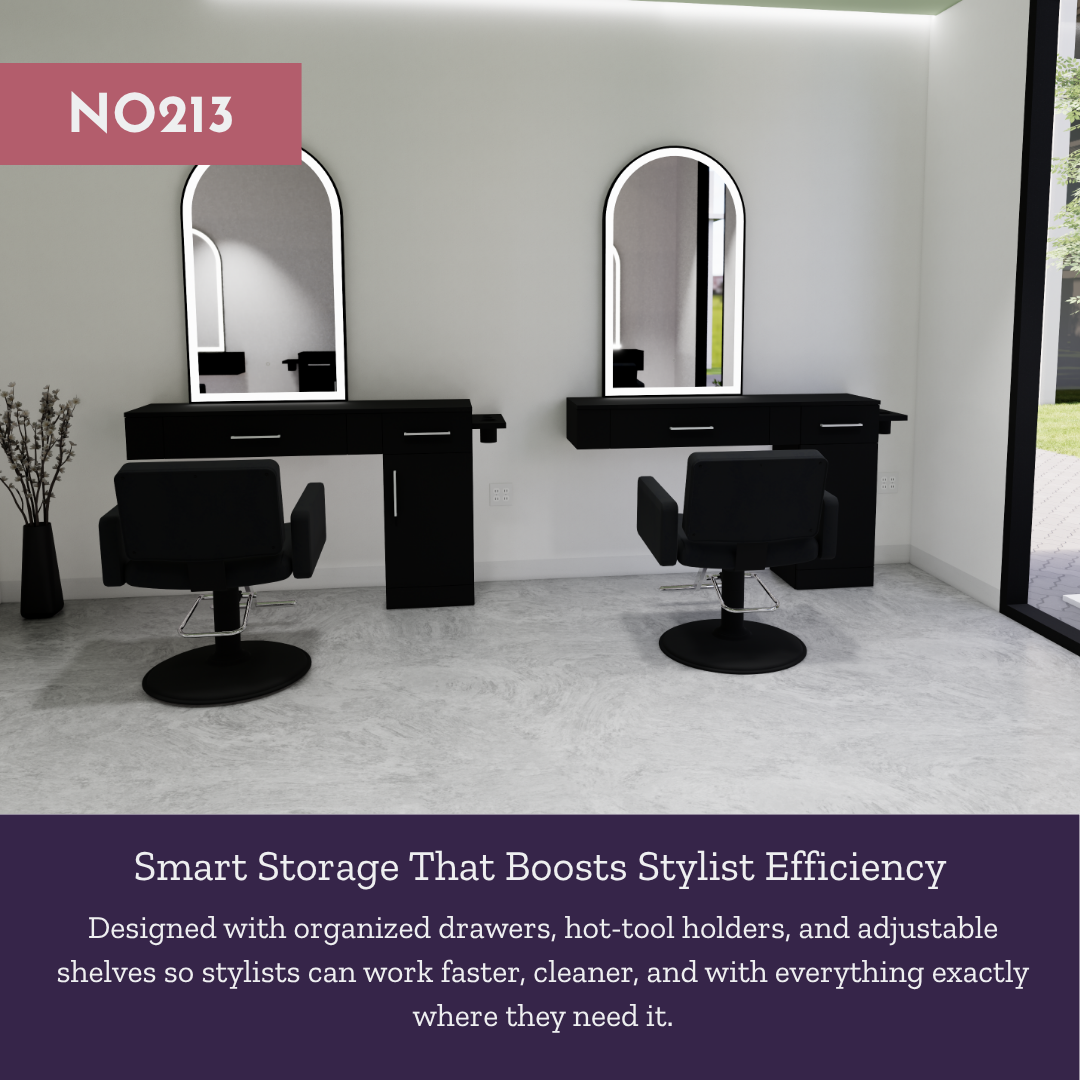 Nova Combo Wall Mount Styling Station with Side-Mount Appliance Holder and Black Arch Paloma Mirror