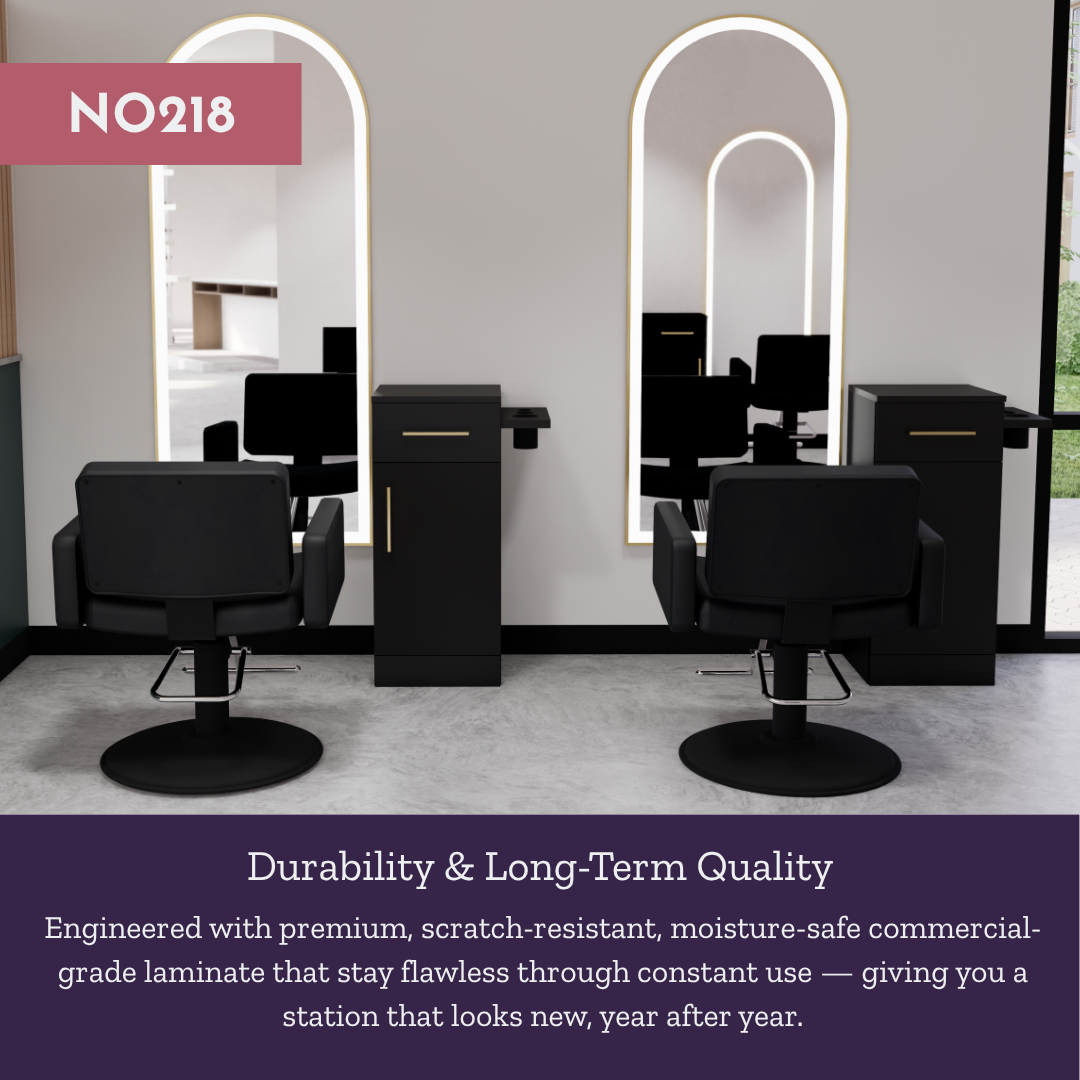 Nova Tower Free Standing Styling Station with Side-Mount Appliance Holder and Gold Full-Length Arch Paloma Mirror