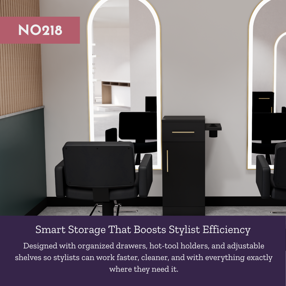 Nova Tower Free Standing Styling Station with Side-Mount Appliance Holder and Gold Full-Length Arch Paloma Mirror