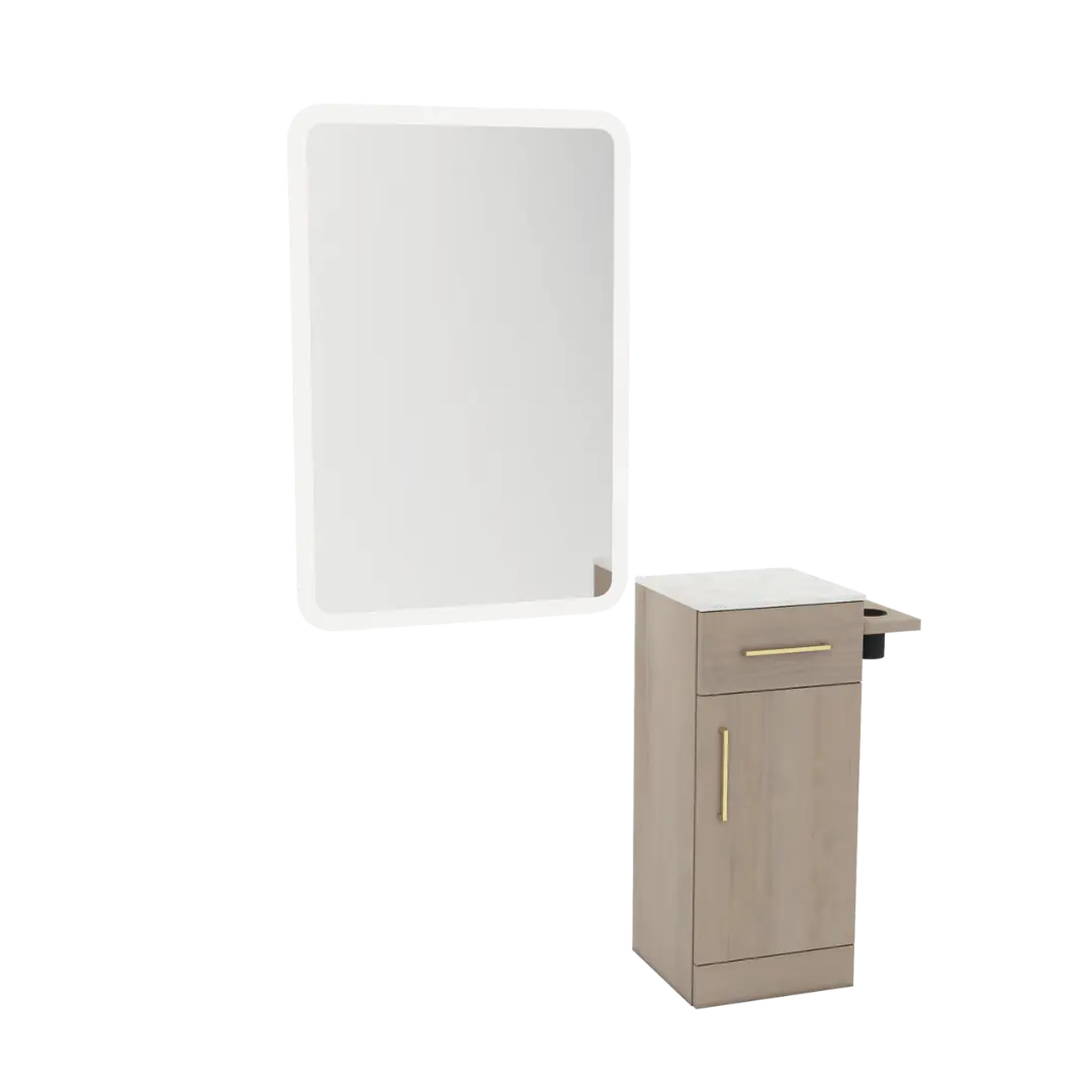 Nova Tower Free Standing Styling Station with Side-Mount Appliance Holder, Solid Surface Countertop, and White Rectangle Illuminate Back Lit Mirror