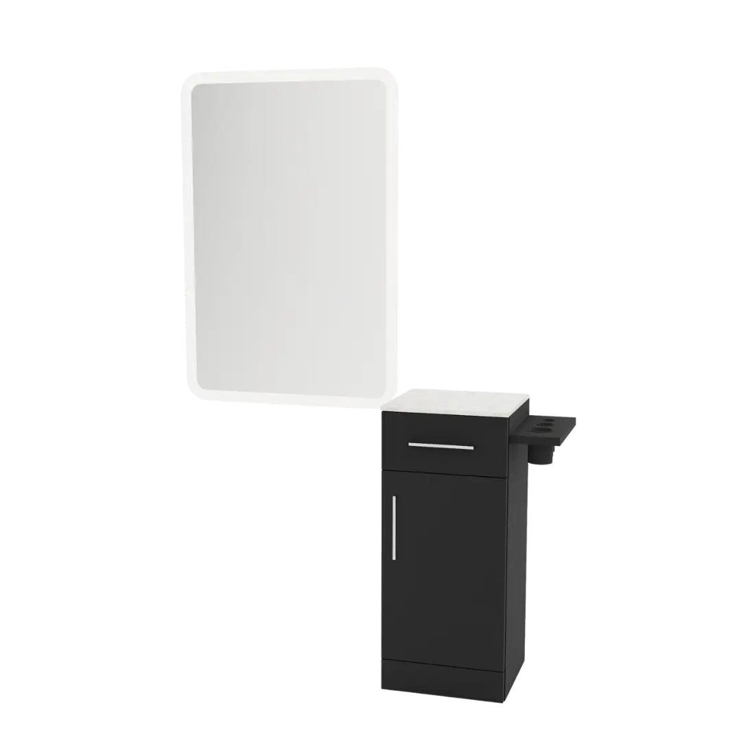 Nova Tower Free Standing Styling Station with Side-Mount Appliance Holder, Solid Surface Countertop, and White Rectangle Illuminate Back Lit Mirror