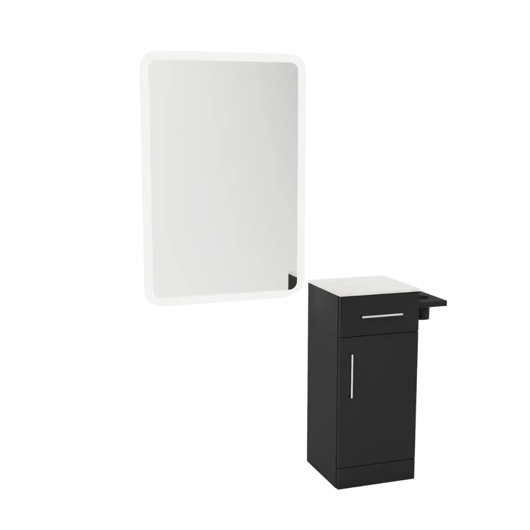 Nova Tower Free Standing Styling Station with Side-Mount Appliance Holder, Solid Surface Countertop, and White Rectangle Illuminate Back Lit Mirror