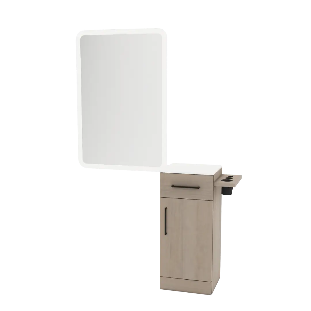 Nova Tower Free Standing Styling Station with Side-Mount Appliance Holder, Solid Surface Countertop, and White Rectangle Illuminate Back Lit Mirror