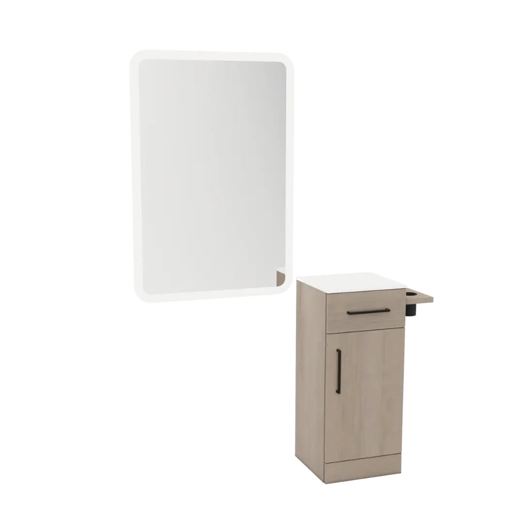 Nova Tower Free Standing Styling Station with Side-Mount Appliance Holder, Solid Surface Countertop, and White Rectangle Illuminate Back Lit Mirror