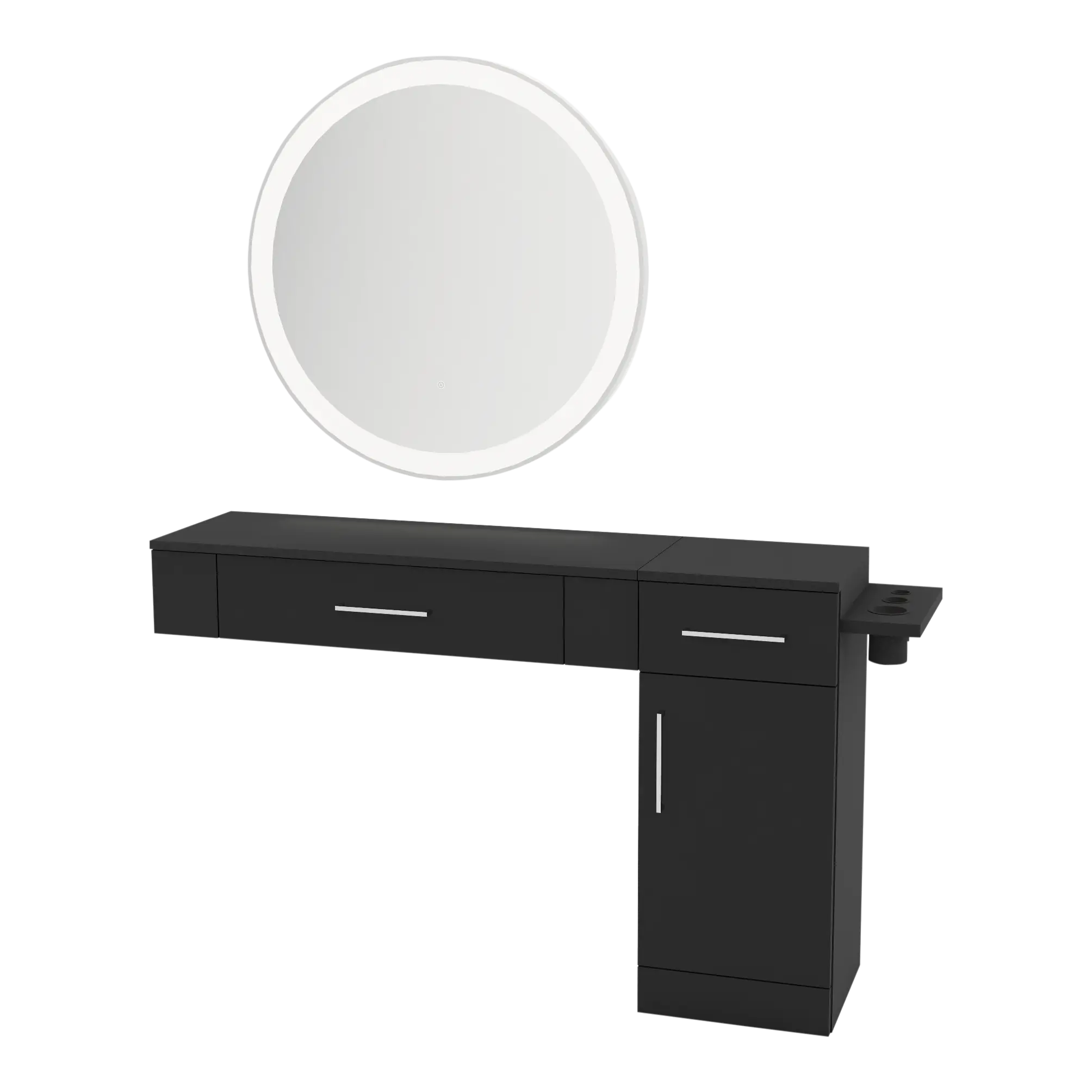Nova Combo Wall Mount Styling Station with Side-Mount Appliance Holder and Silver Round Glo Mirror