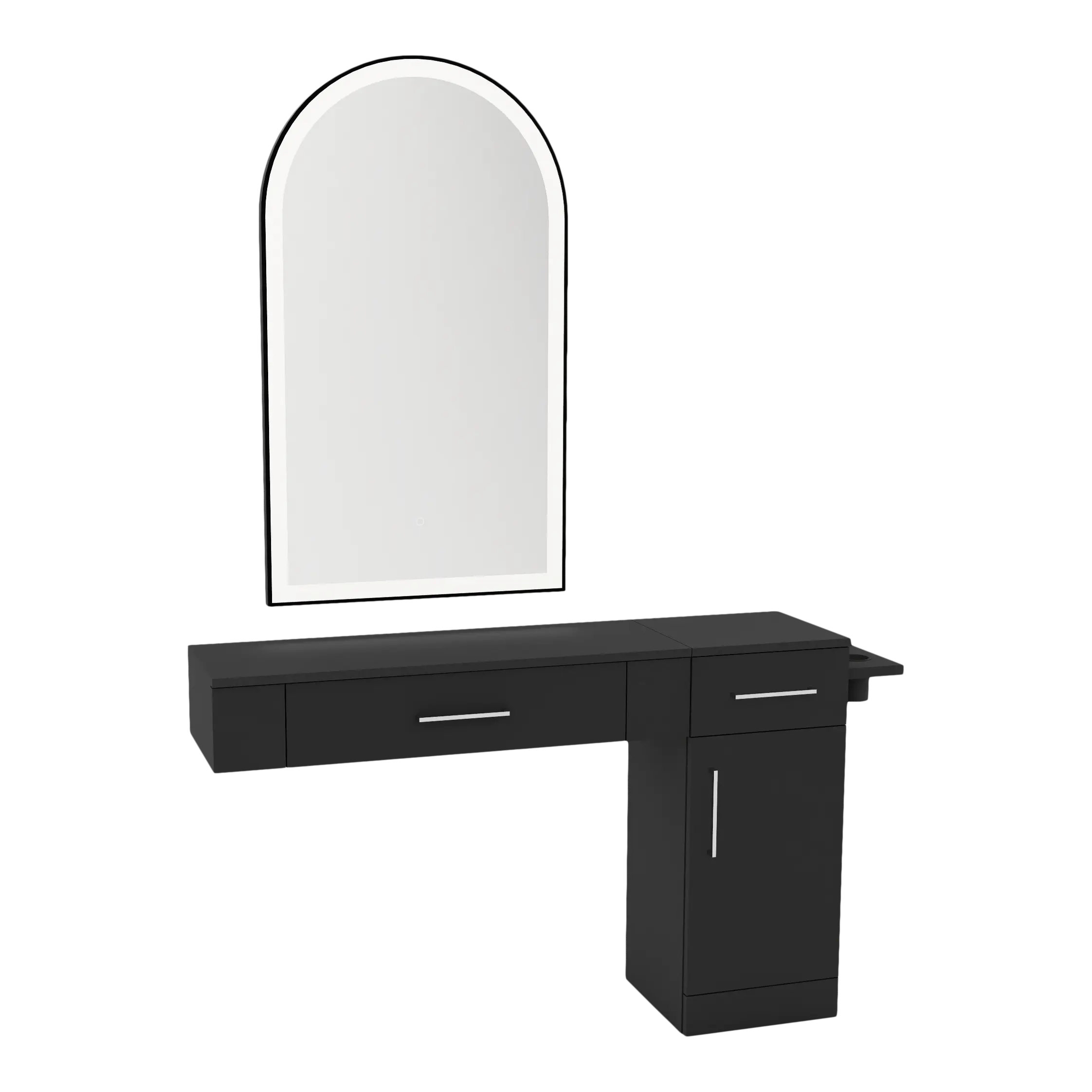 Nova Combo Wall Mount Styling Station with Side-Mount Appliance Holder and Black Arch Paloma Mirror