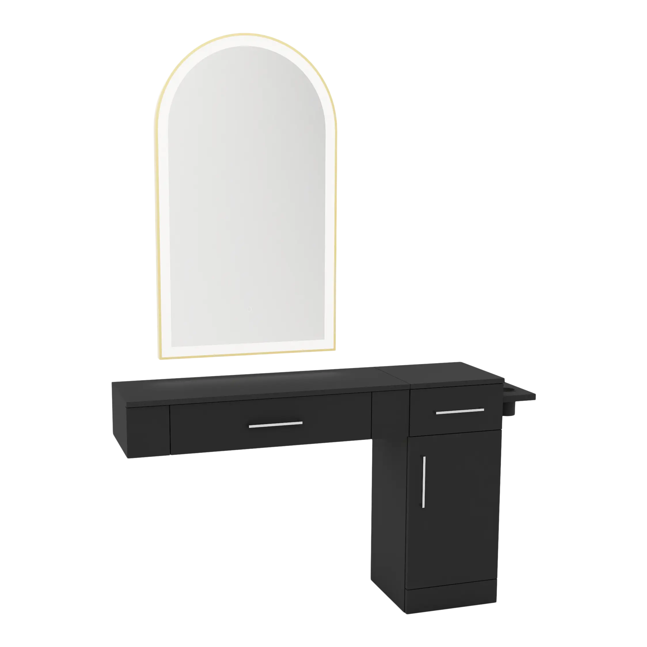 Nova Combo Wall Mount Styling Station with Side-Mount Appliance Holder and Gold Arch Paloma Mirror