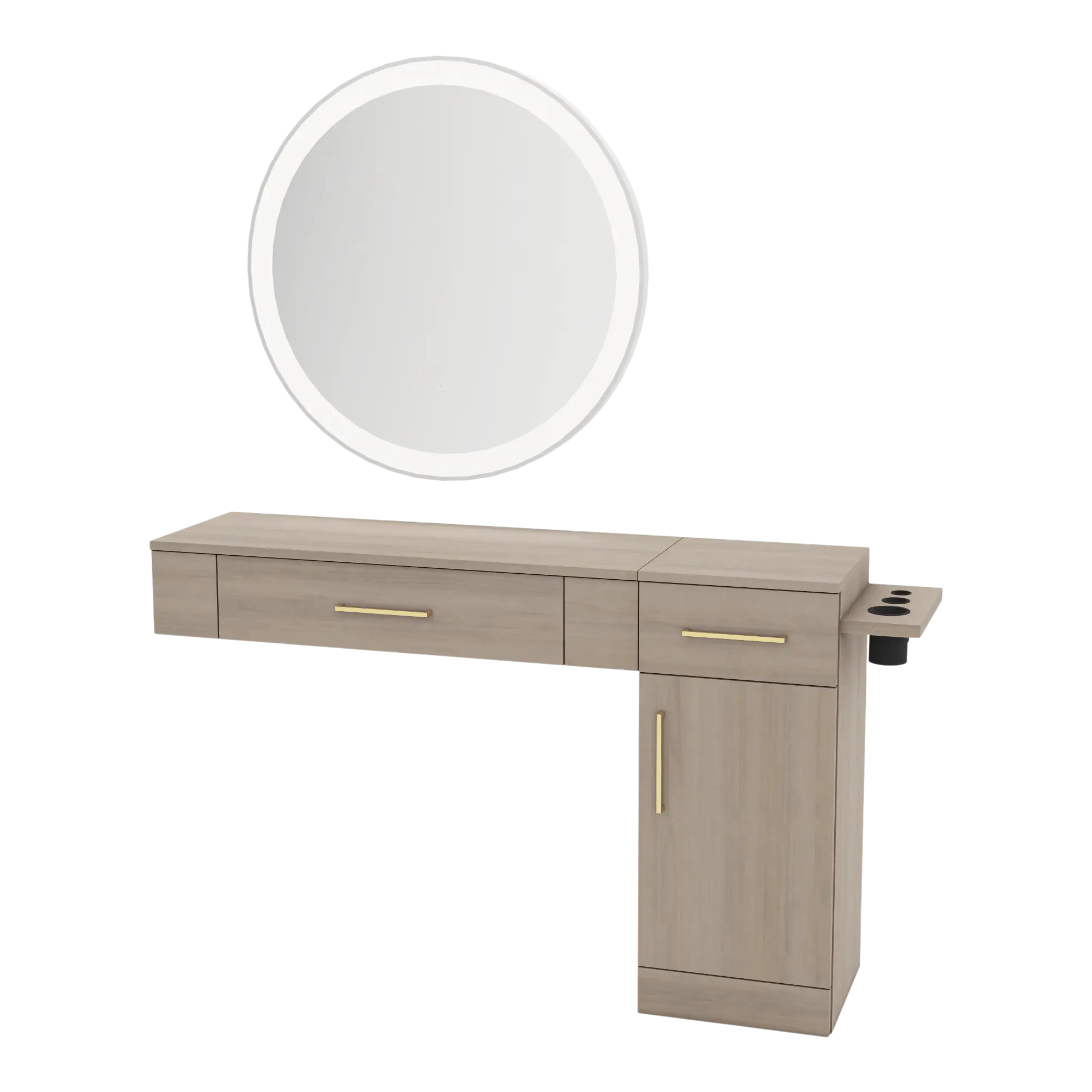 Nova Combo Wall Mount Styling Station with Side-Mount Appliance Holder and Silver Round Glo Mirror