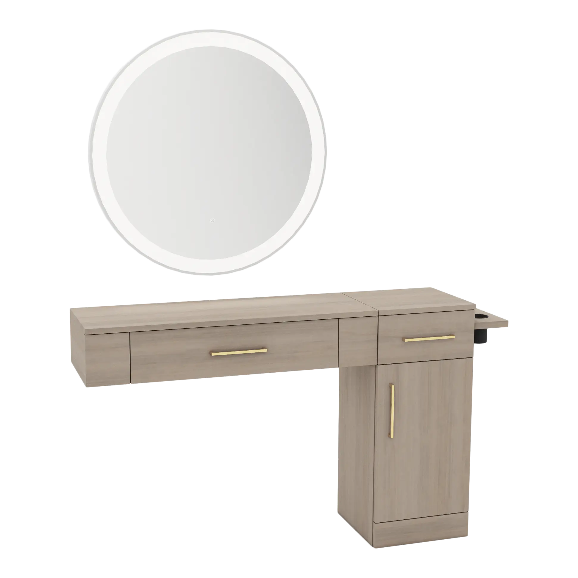 Nova Combo Wall Mount Styling Station with Side-Mount Appliance Holder and Silver Round Glo Mirror