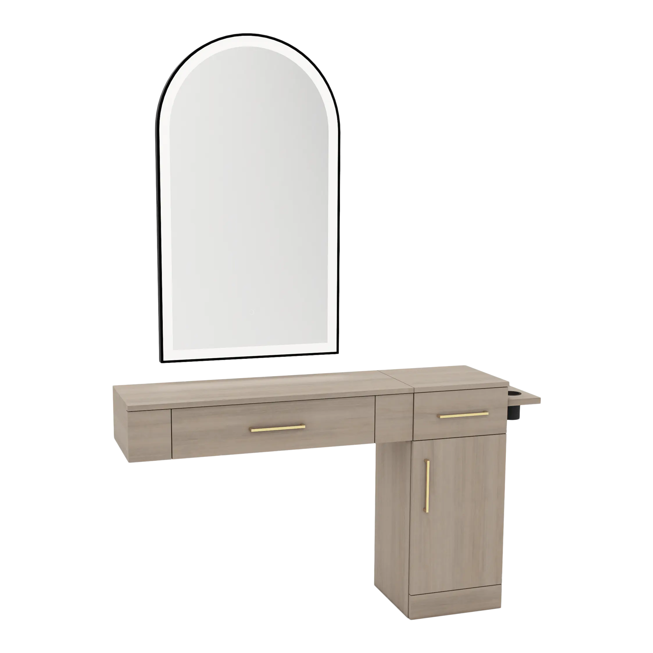 Nova Combo Wall Mount Styling Station with Side-Mount Appliance Holder and Black Arch Paloma Mirror