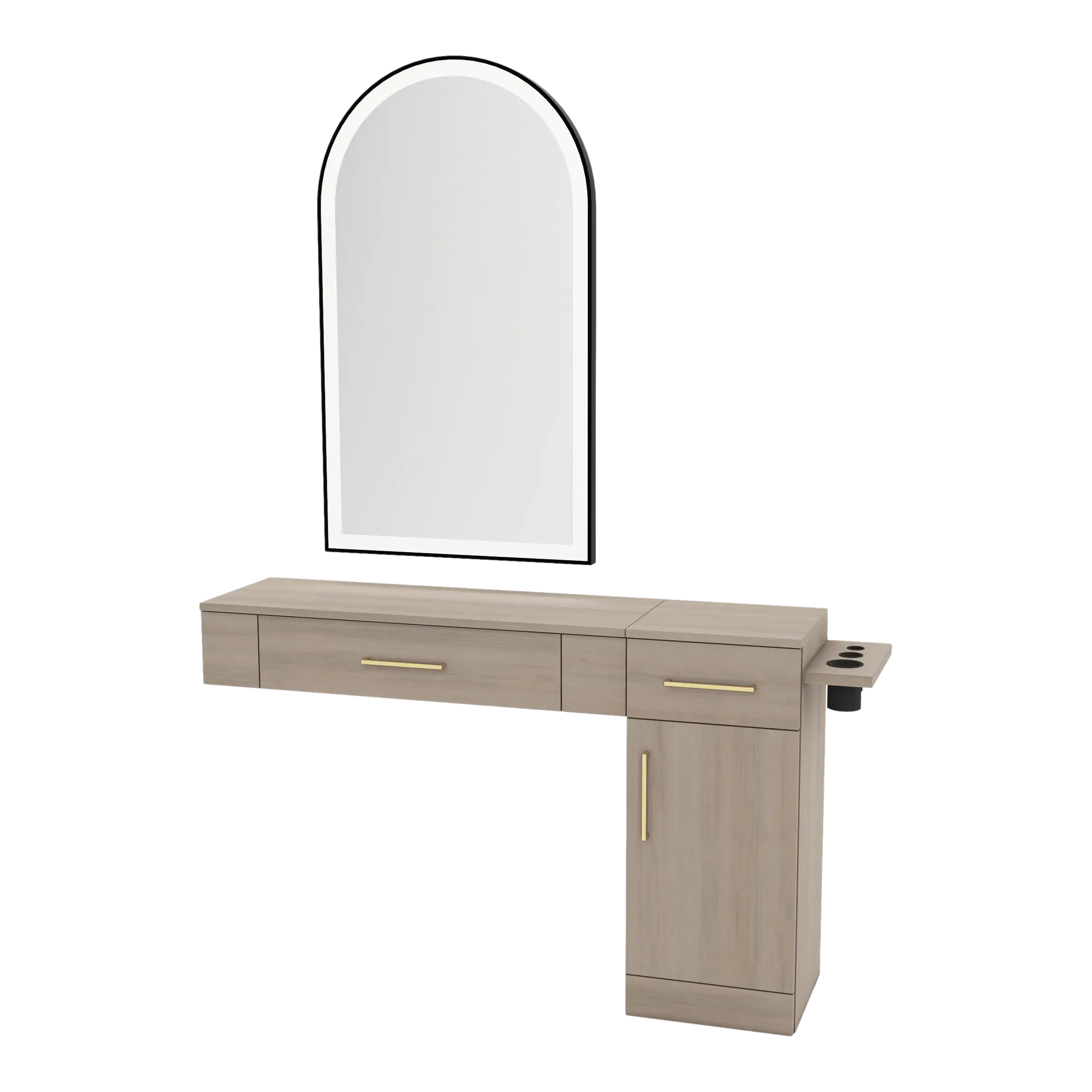 Nova Combo Wall Mount Styling Station with Side-Mount Appliance Holder and Black Arch Paloma Mirror