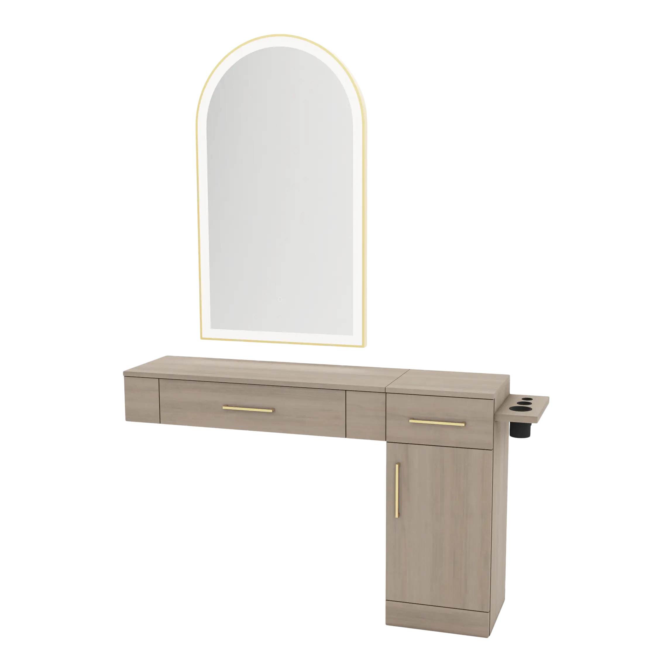 Nova Combo Wall Mount Styling Station with Side-Mount Appliance Holder and Gold Arch Paloma Mirror