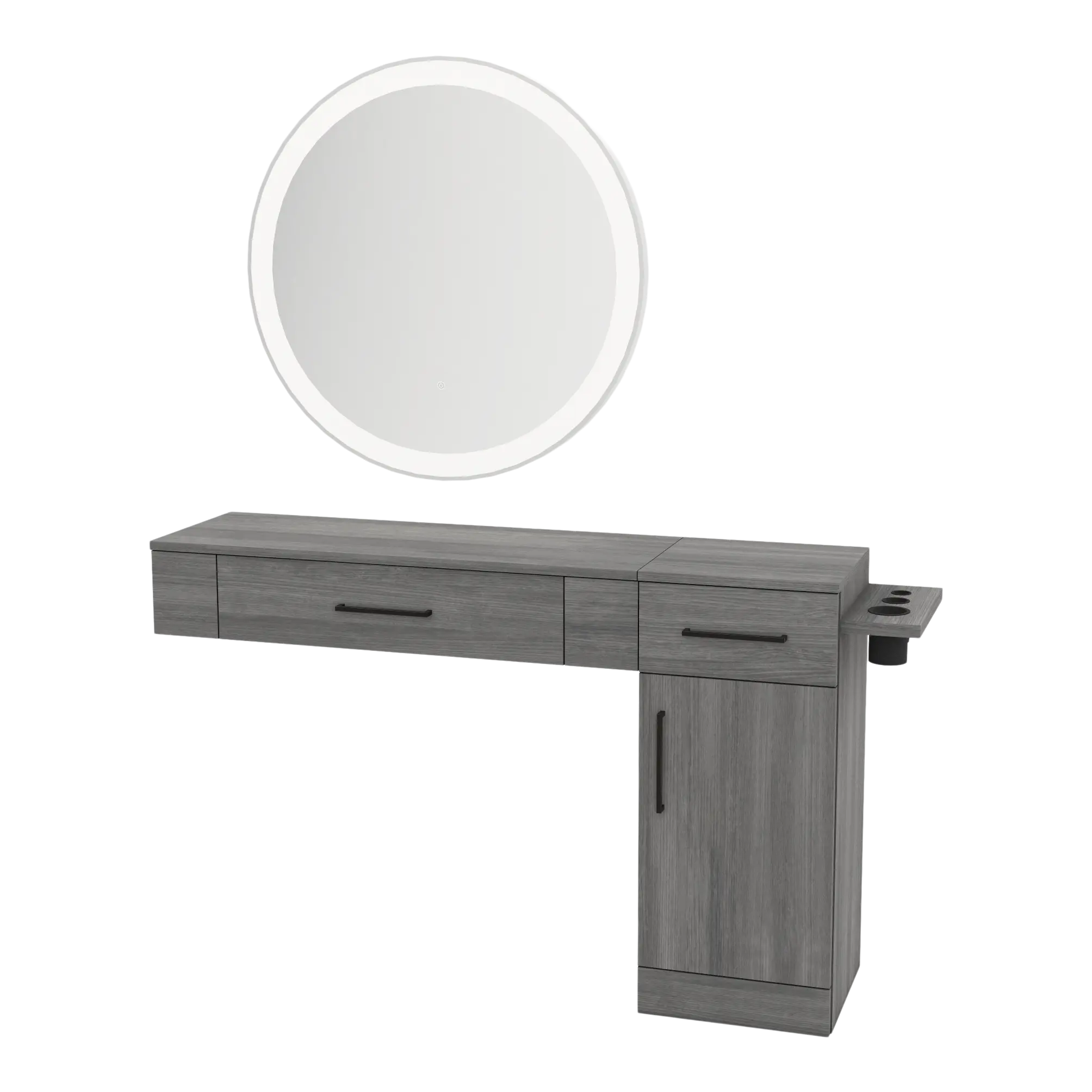 Nova Combo Wall Mount Styling Station with Side-Mount Appliance Holder and Silver Round Glo Mirror