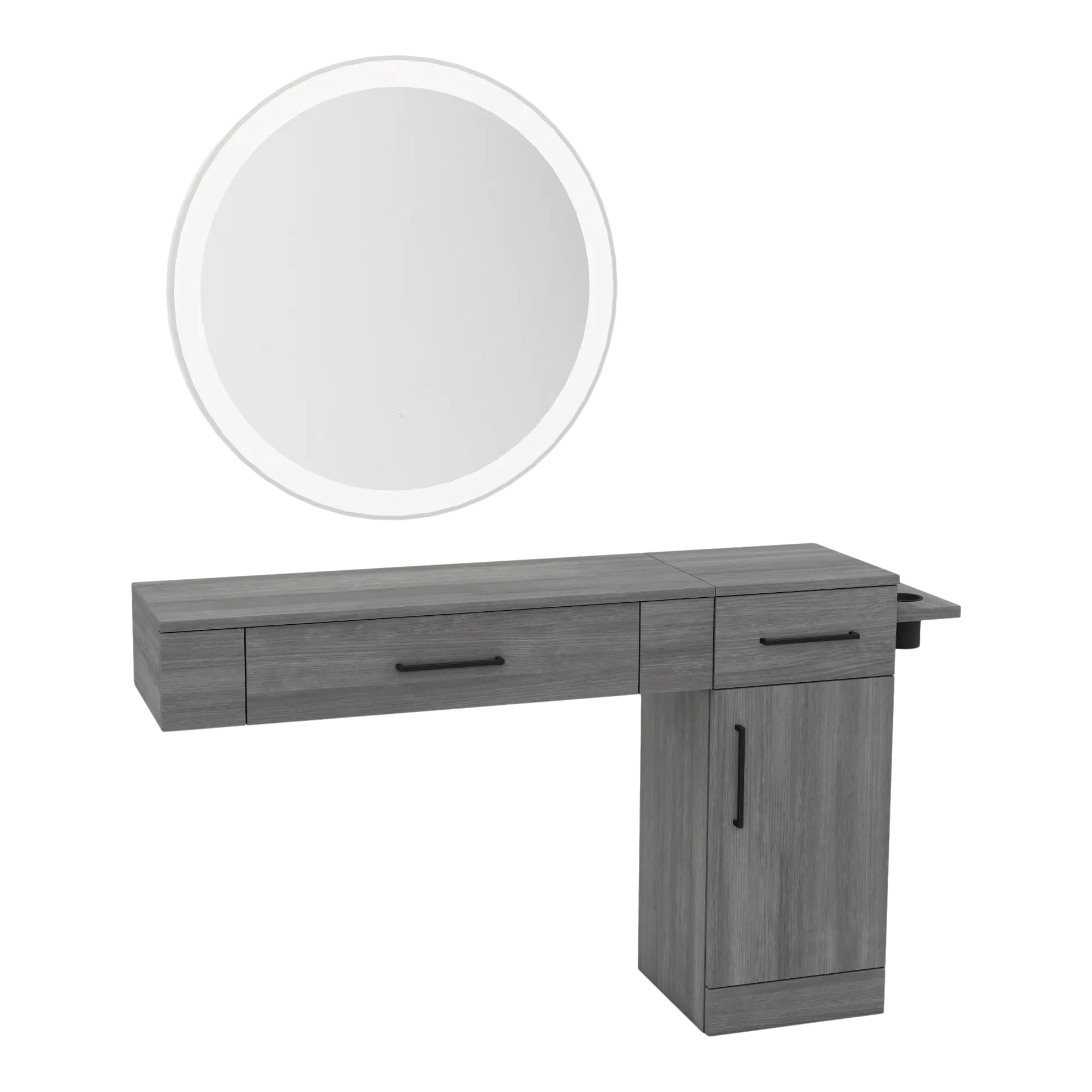 Nova Combo Wall Mount Styling Station with Side-Mount Appliance Holder and Silver Round Glo Mirror