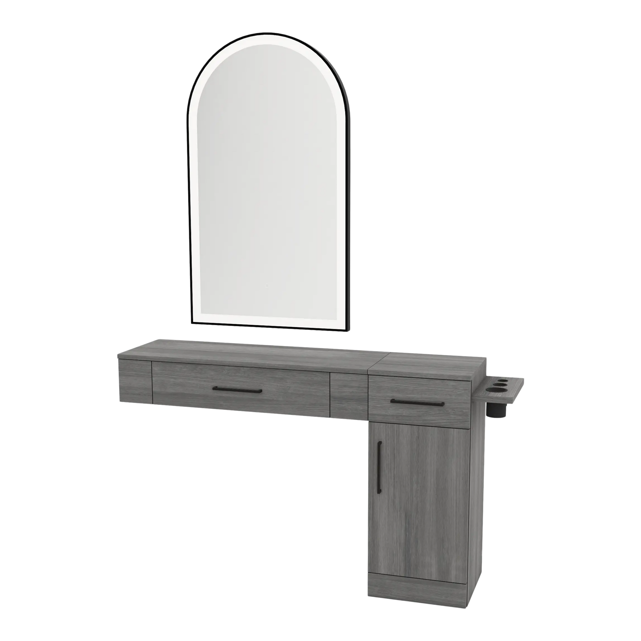 Nova Combo Wall Mount Styling Station with Side-Mount Appliance Holder and Black Arch Paloma Mirror