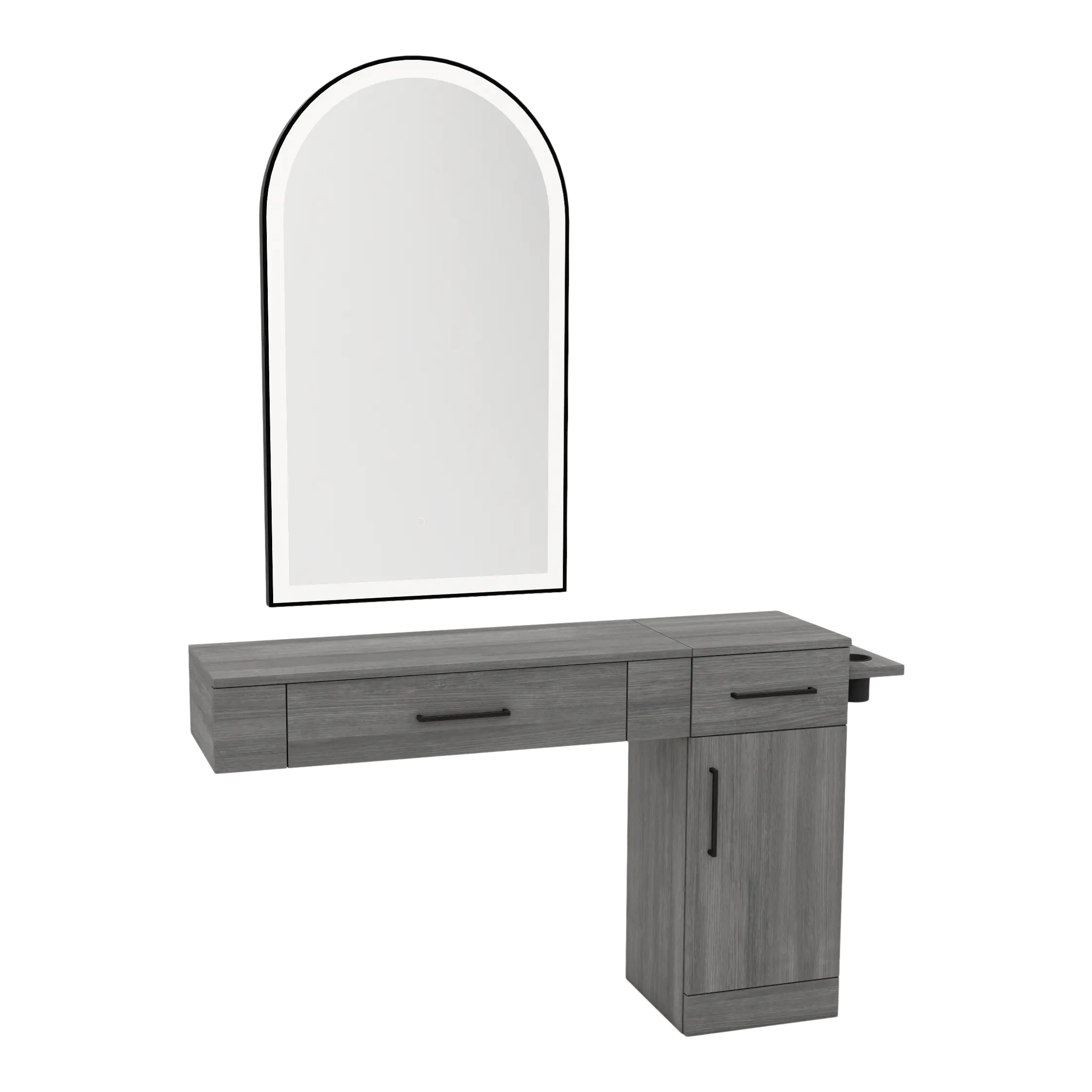 Nova Combo Wall Mount Styling Station with Side-Mount Appliance Holder and Black Arch Paloma Mirror