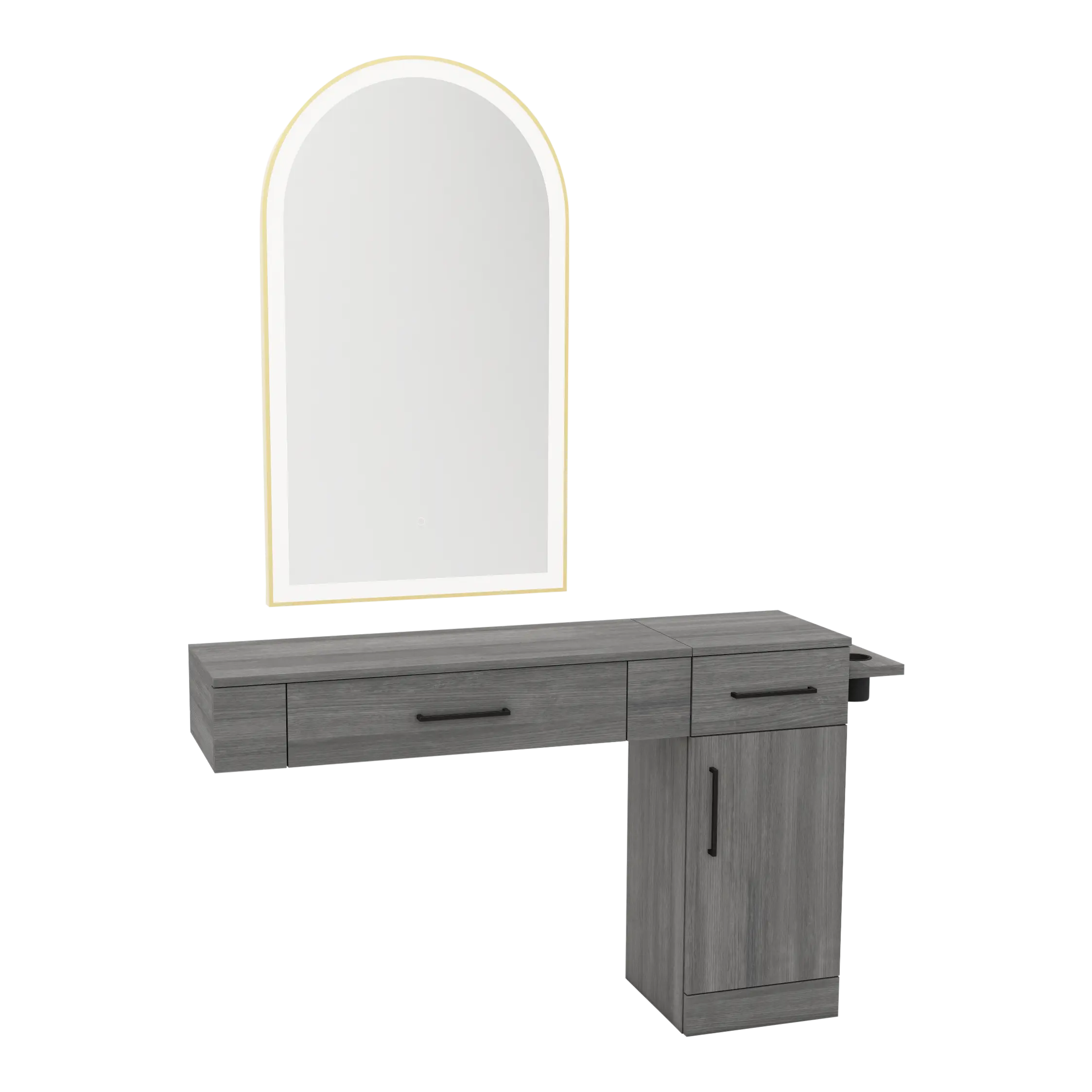 Nova Combo Wall Mount Styling Station with Side-Mount Appliance Holder and Gold Arch Paloma Mirror