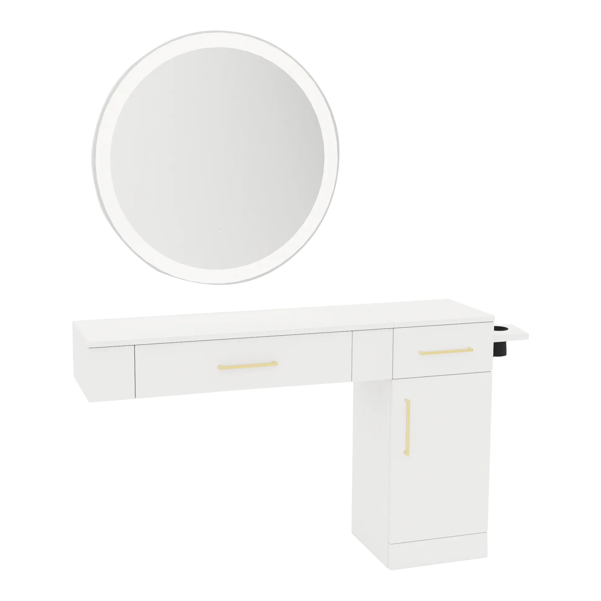 Nova Combo Wall Mount Styling Station with Side-Mount Appliance Holder and Silver Round Glo Mirror