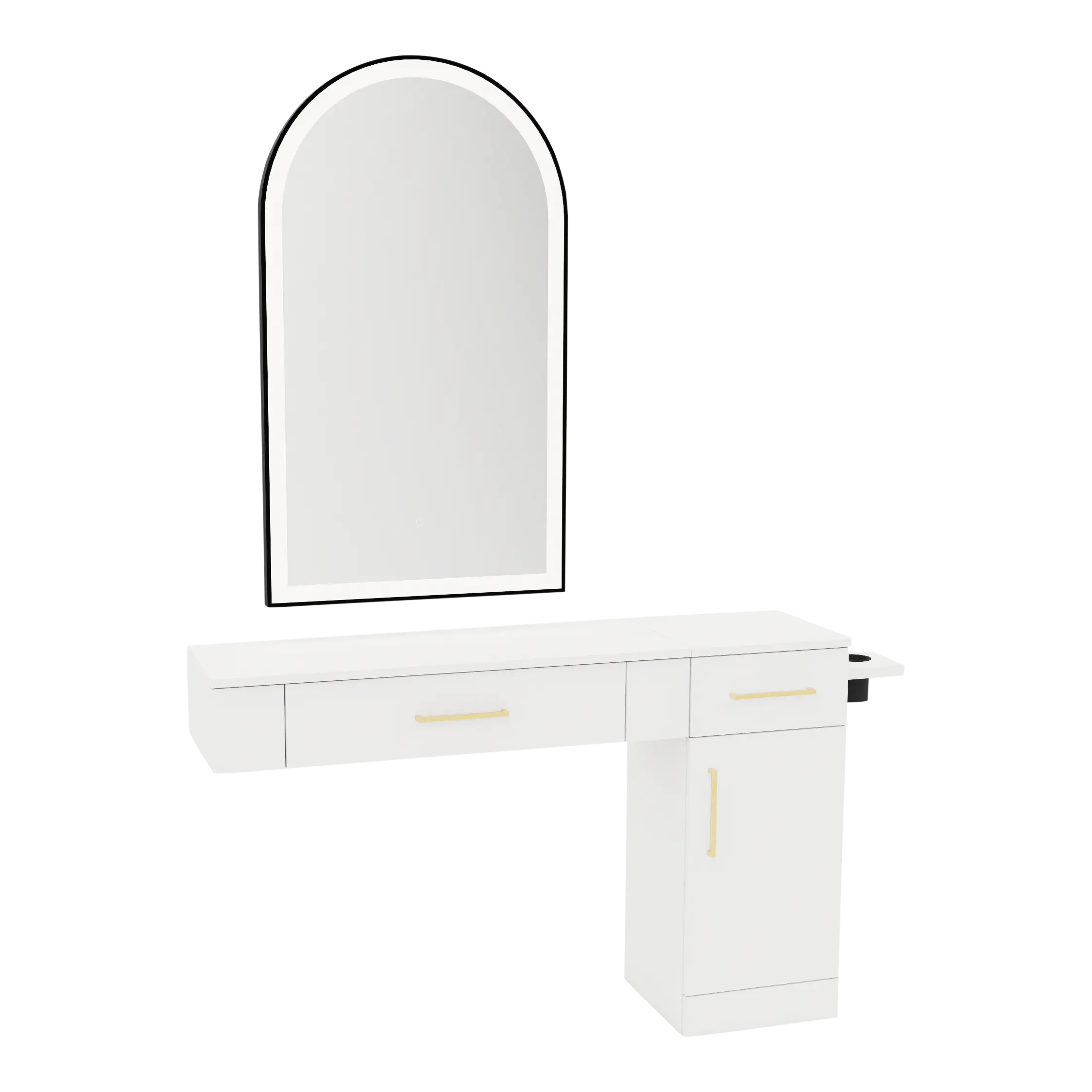 Nova Combo Wall Mount Styling Station with Side-Mount Appliance Holder and Black Arch Paloma Mirror