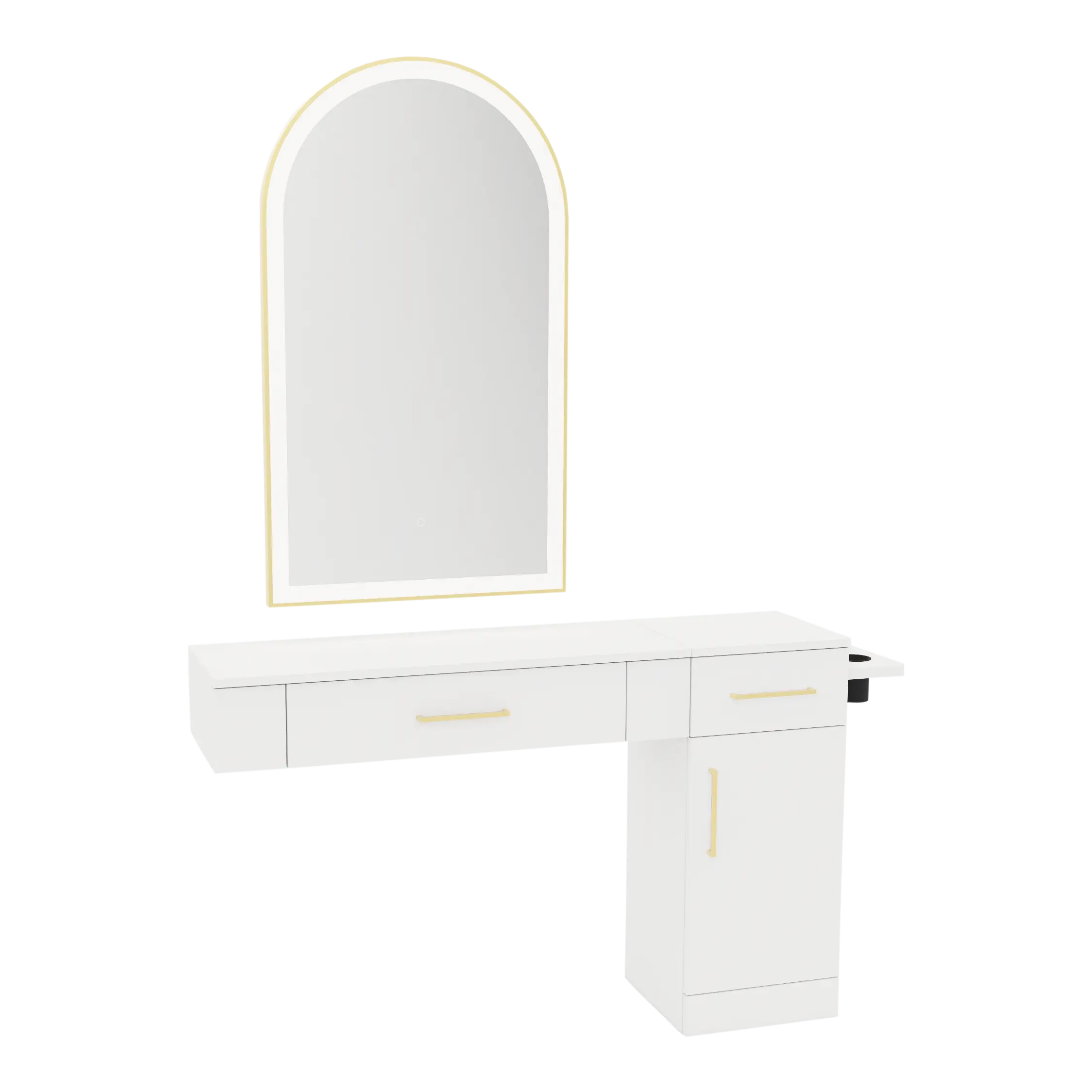 Nova Combo Wall Mount Styling Station with Side-Mount Appliance Holder and Gold Arch Paloma Mirror