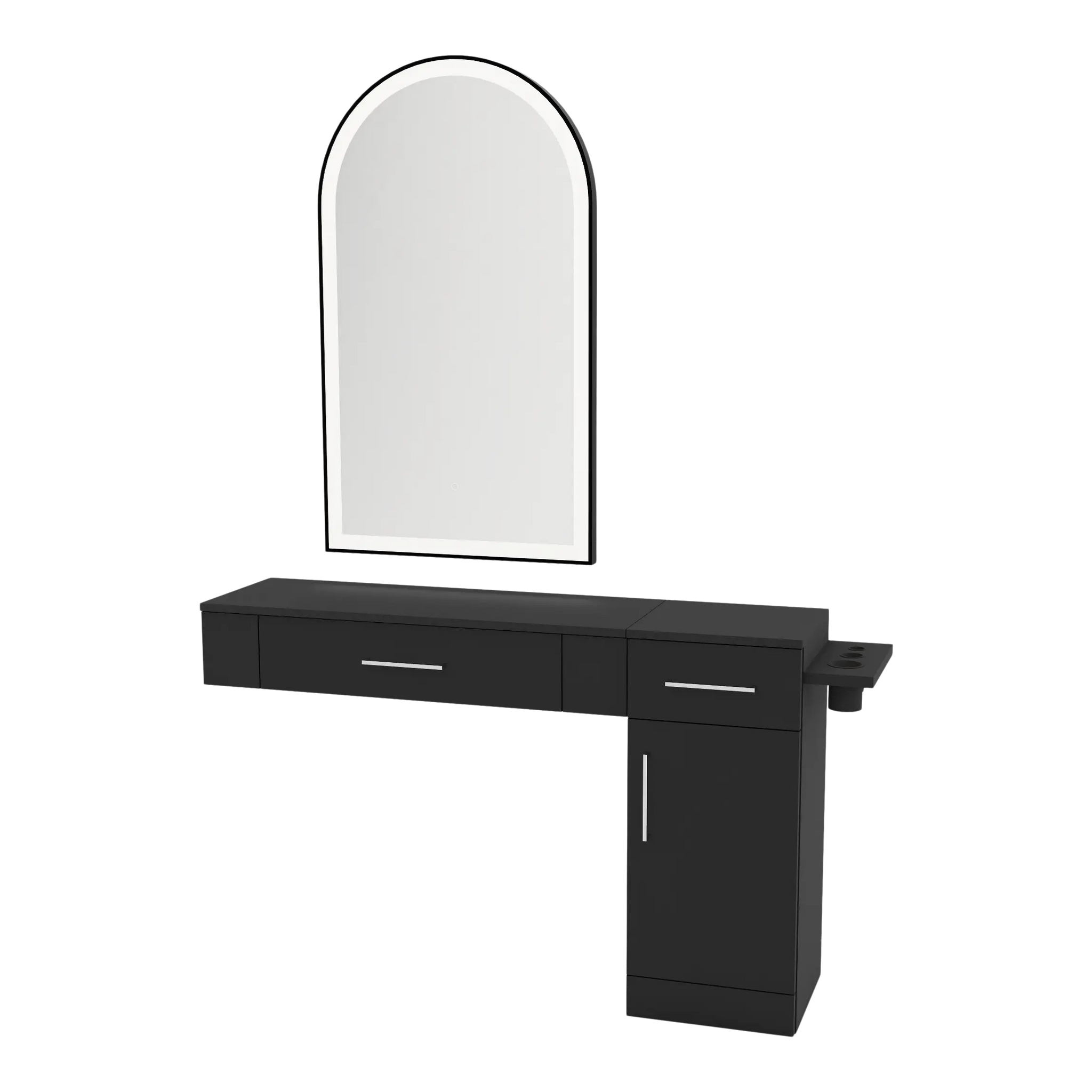Nova Combo Wall Mount Styling Station with Side-Mount Appliance Holder and Black Arch Paloma Mirror