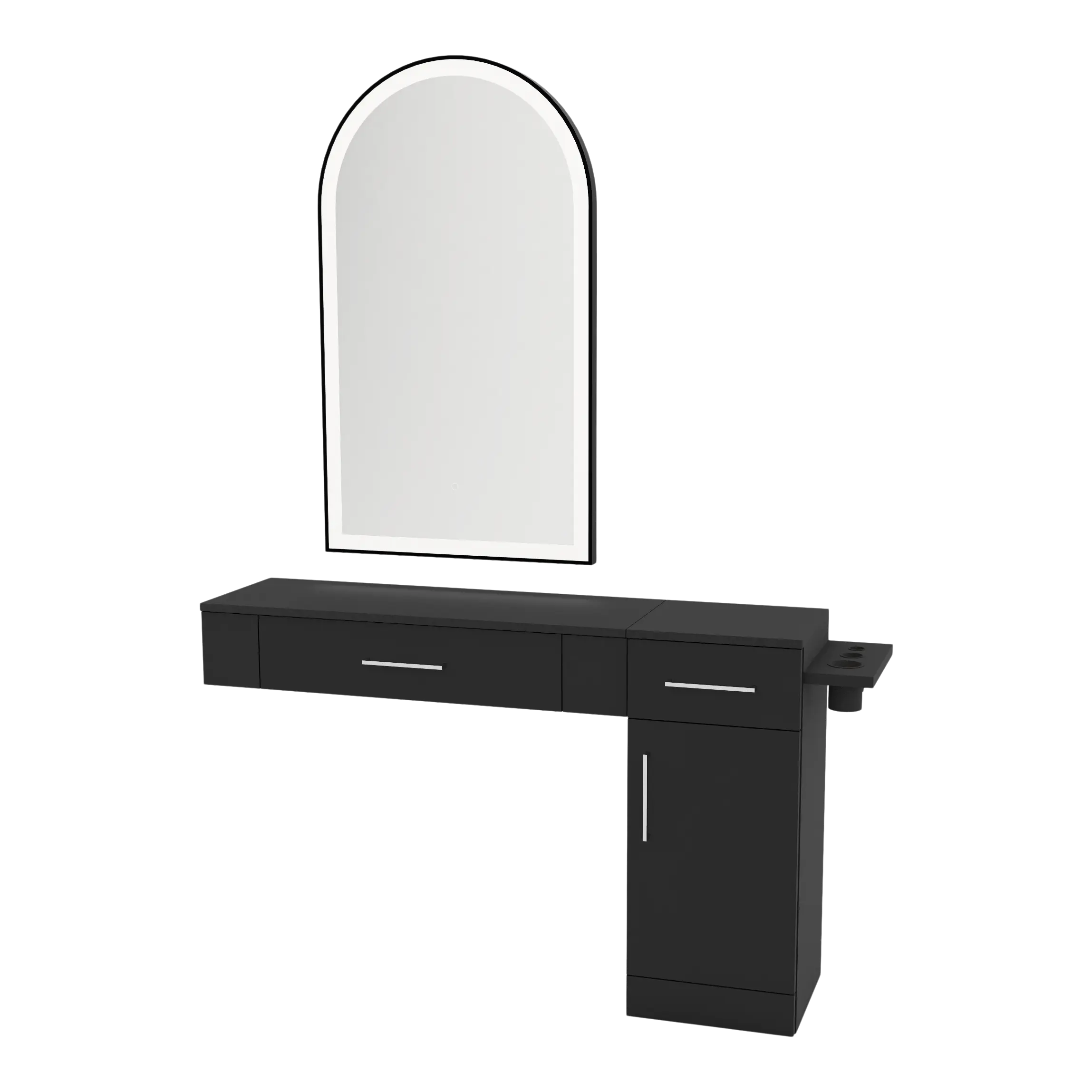 Nova Combo Wall Mount Styling Station with Side-Mount Appliance Holder and Black Arch Paloma Mirror