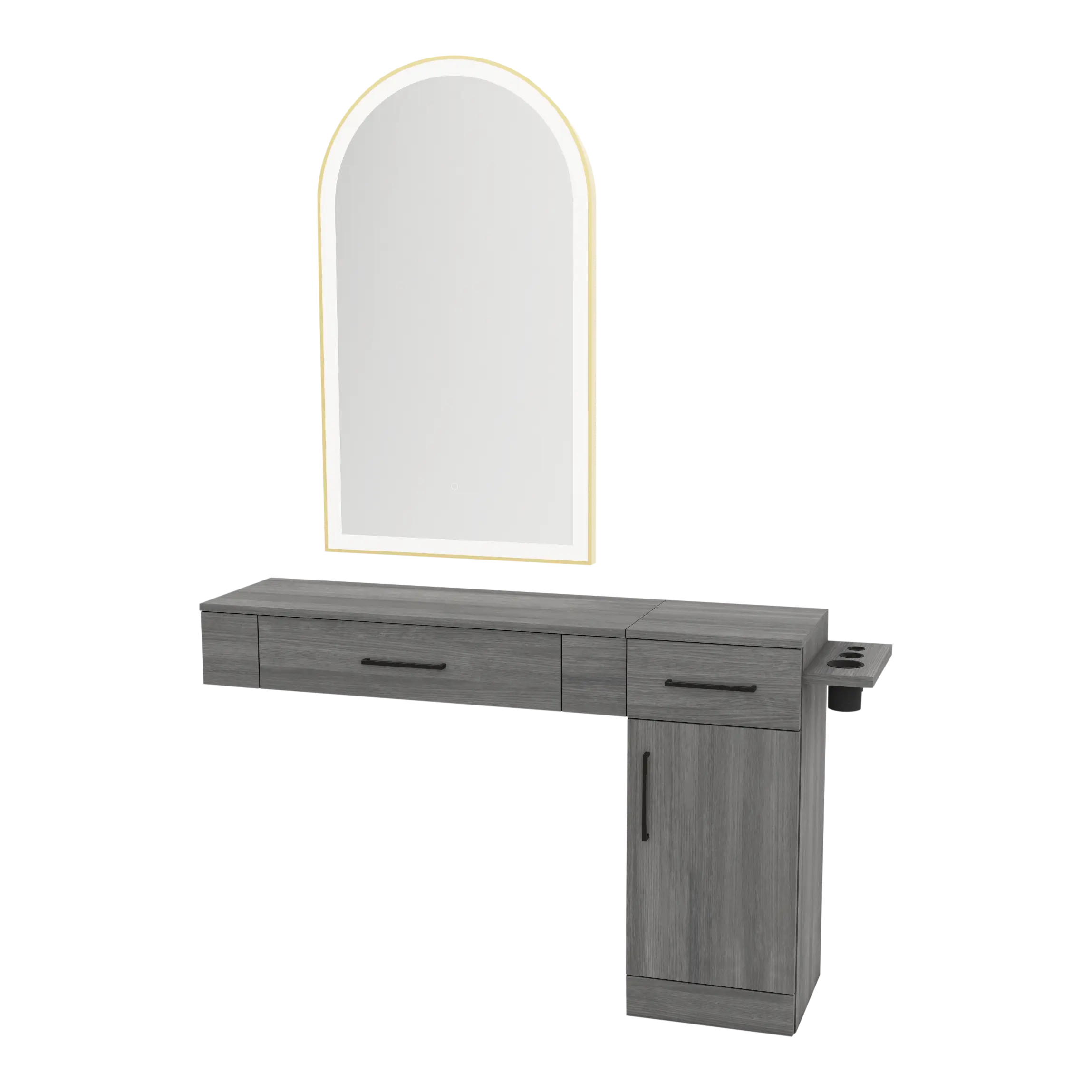 Nova Combo Wall Mount Styling Station with Side-Mount Appliance Holder and Gold Arch Paloma Mirror