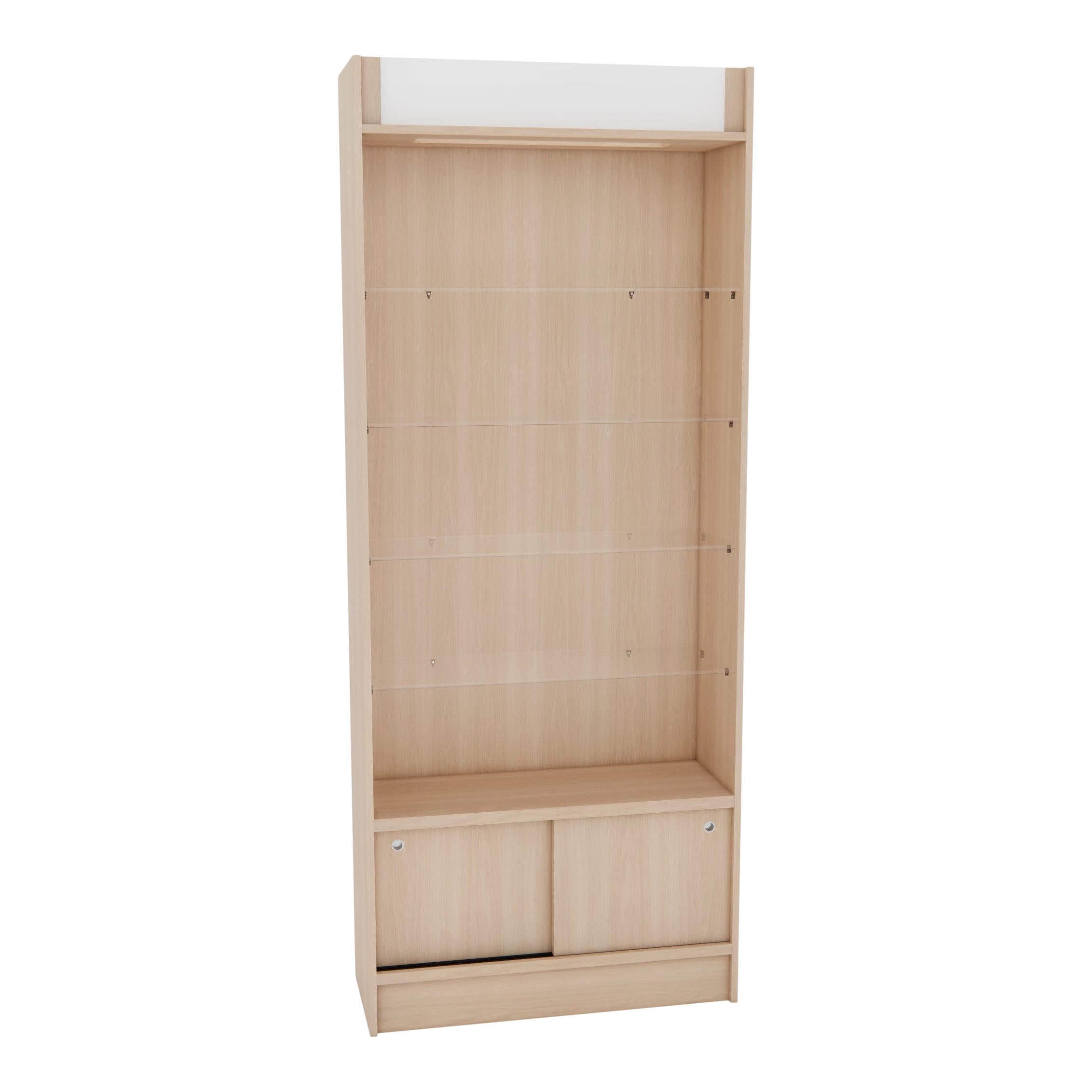 Passport Retail Display with Glass Shelves and Storage Cabinet