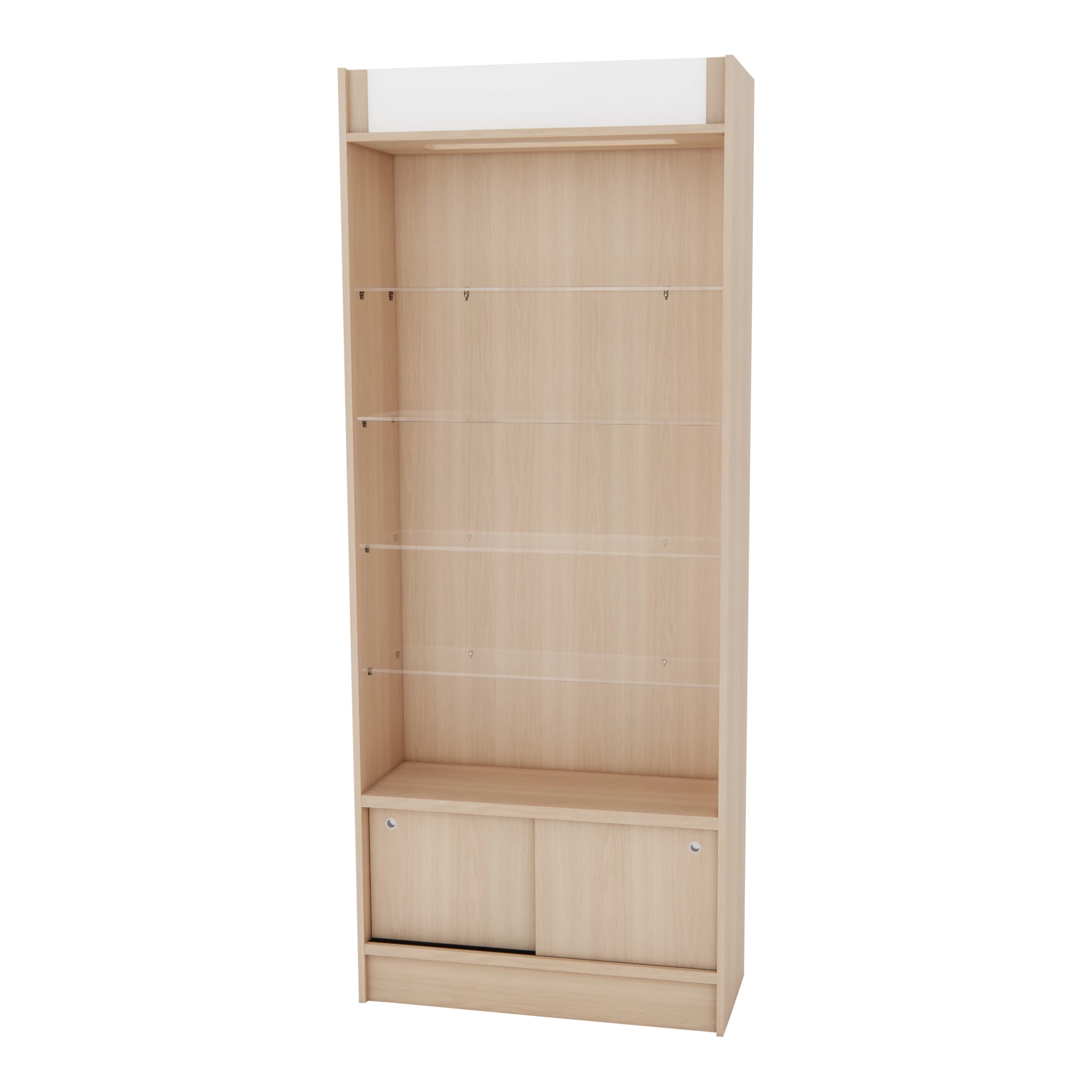 Passport Retail Display with Glass Shelves and Storage Cabinet