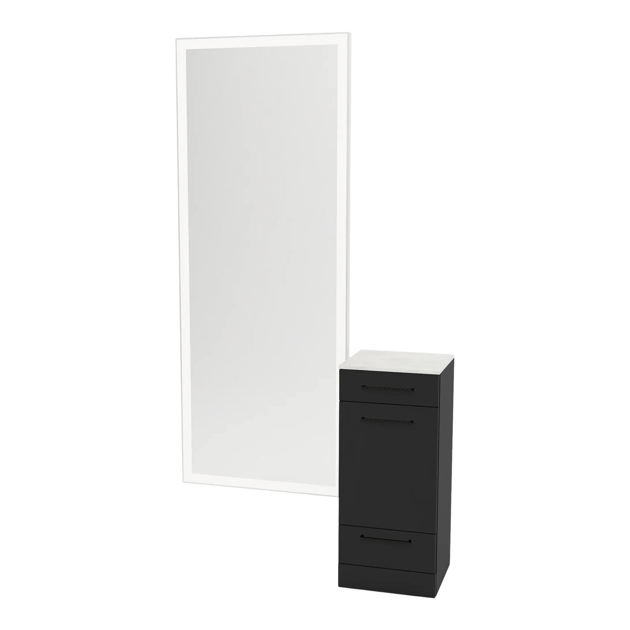 Rococo Mobile Styling Station with Tilt-out Appliance Holder, Solid Surface Countertop, and Silver Full-Length Rectangle Glo Mirror