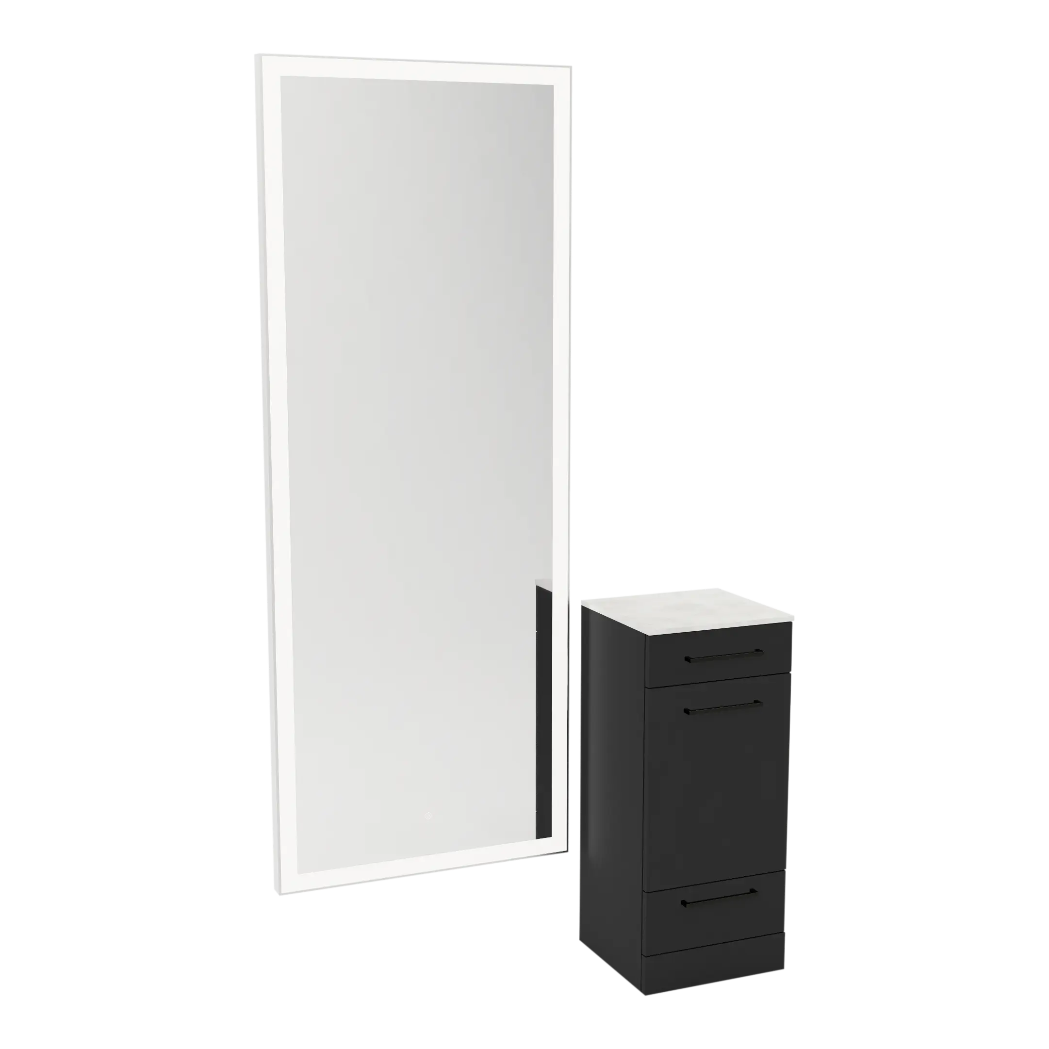 Rococo Mobile Styling Station with Tilt-out Appliance Holder, Solid Surface Countertop, and Silver Full-Length Rectangle Glo Mirror