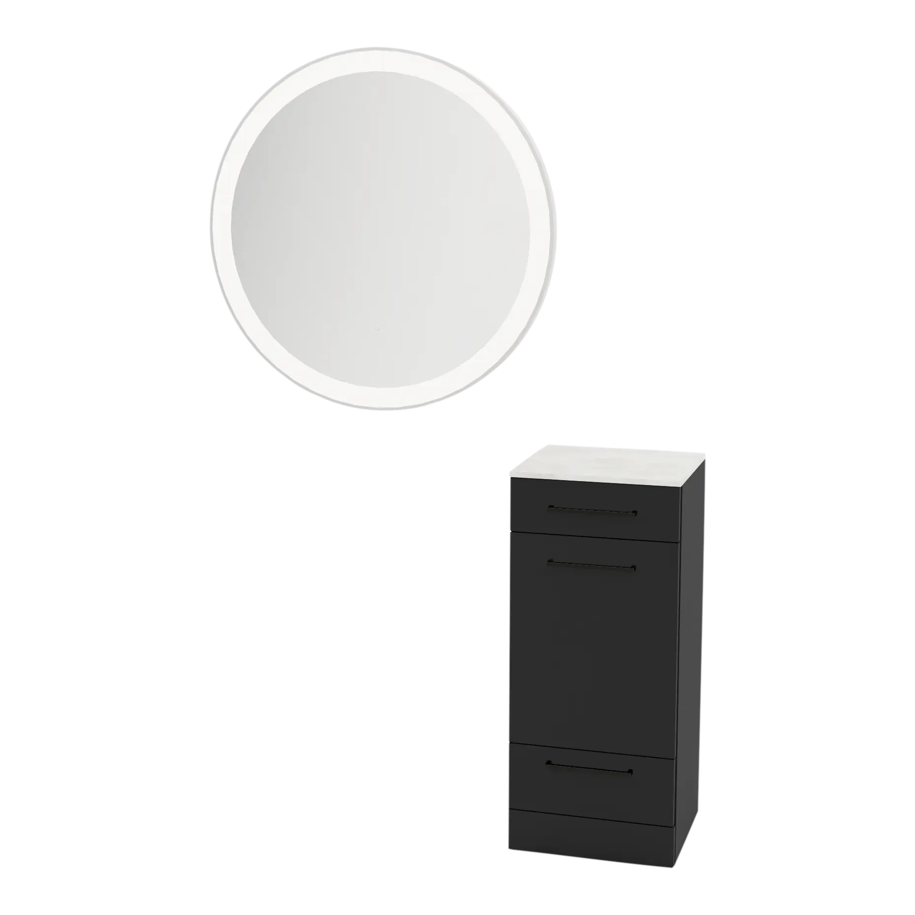 Rococo Mobile Styling Station with Tilt-out Appliance Holder, Solid Surface Countertop, and Silver Round Glo Mirror