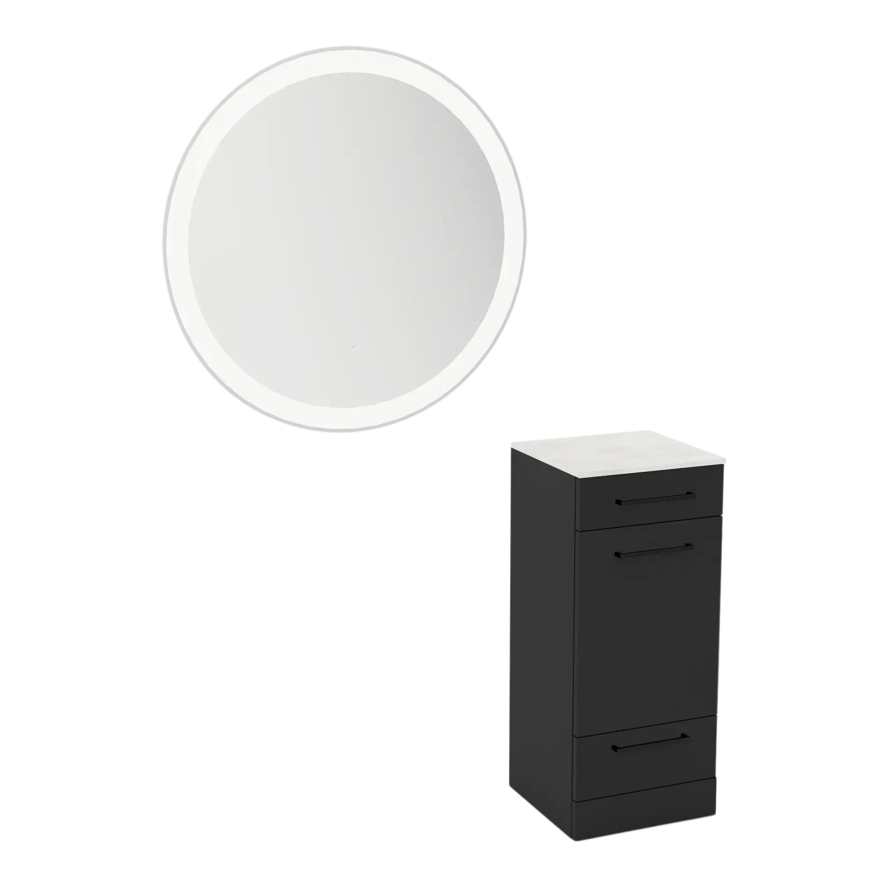 Rococo Mobile Styling Station with Tilt-out Appliance Holder, Solid Surface Countertop, and Silver Round Glo Mirror
