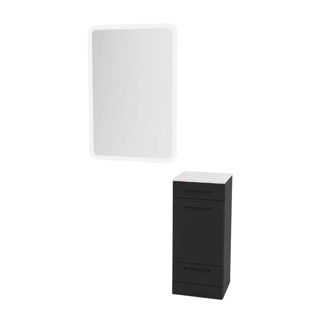 Rococo Mobile Styling Station with Tilt-out Appliance Holder, Solid Surface Countertop, and White Rectangle Illuminate Back Lit Mirror