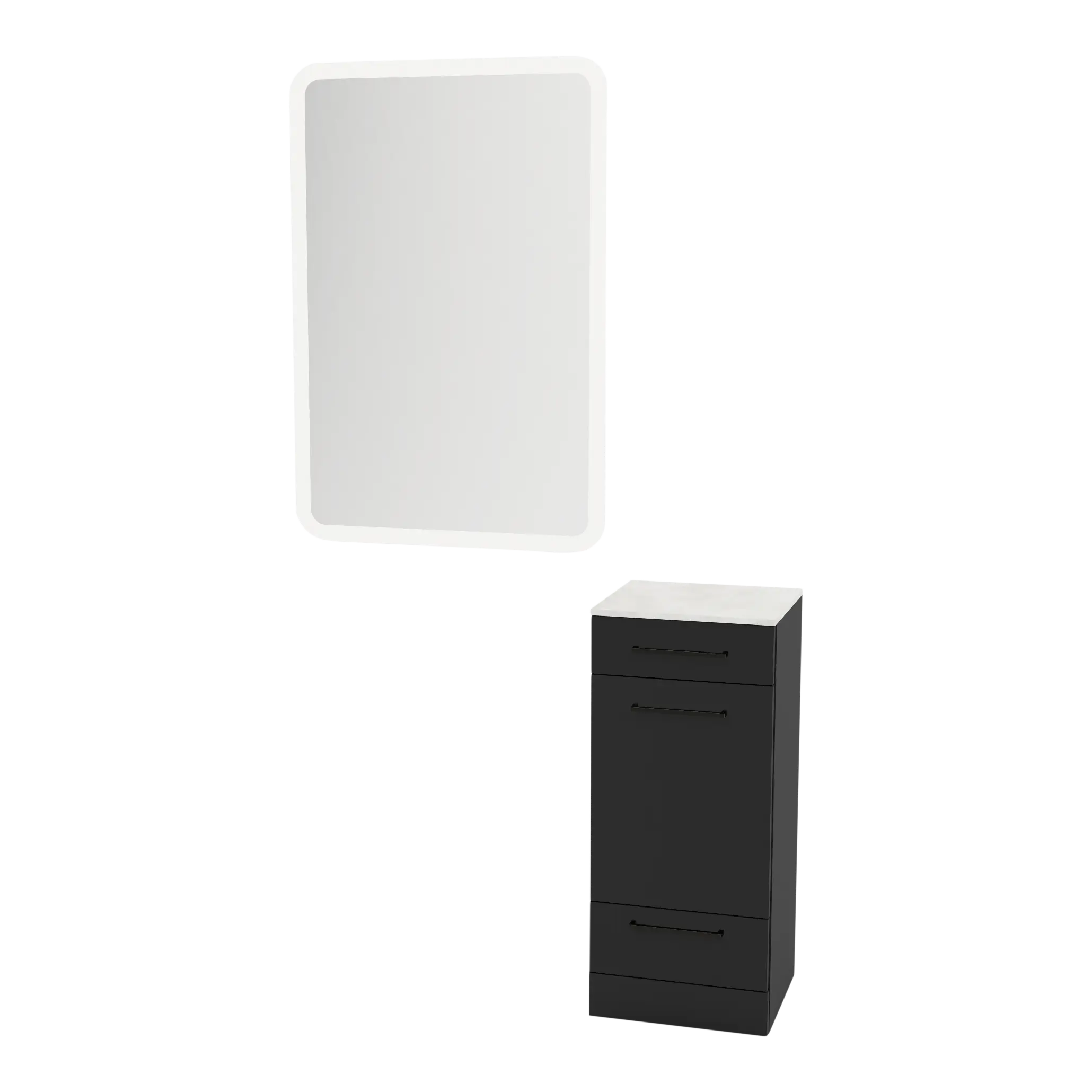 Rococo Mobile Styling Station with Tilt-out Appliance Holder, Solid Surface Countertop, and White Rectangle Illuminate Back Lit Mirror