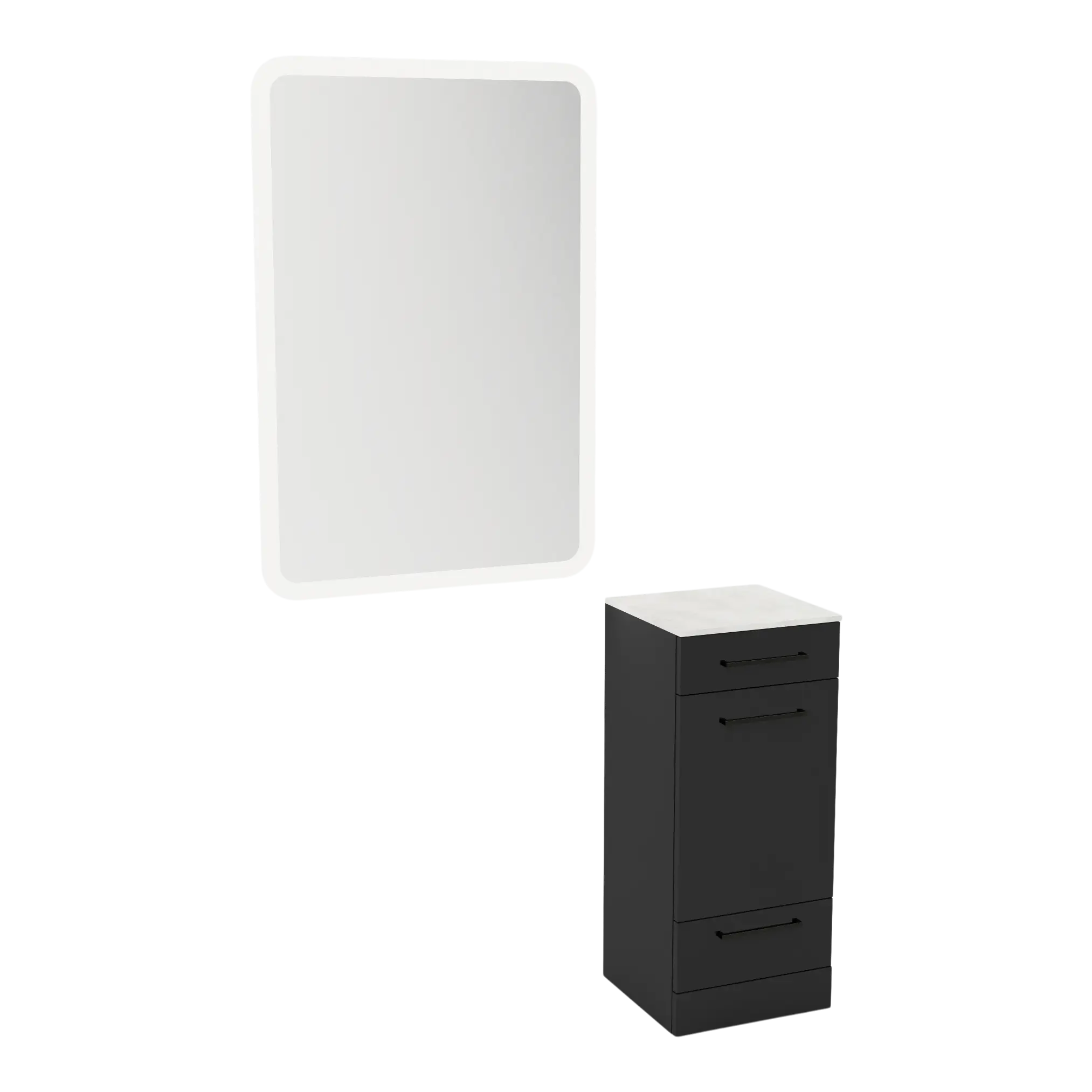 Rococo Mobile Styling Station with Tilt-out Appliance Holder, Solid Surface Countertop, and White Rectangle Illuminate Back Lit Mirror