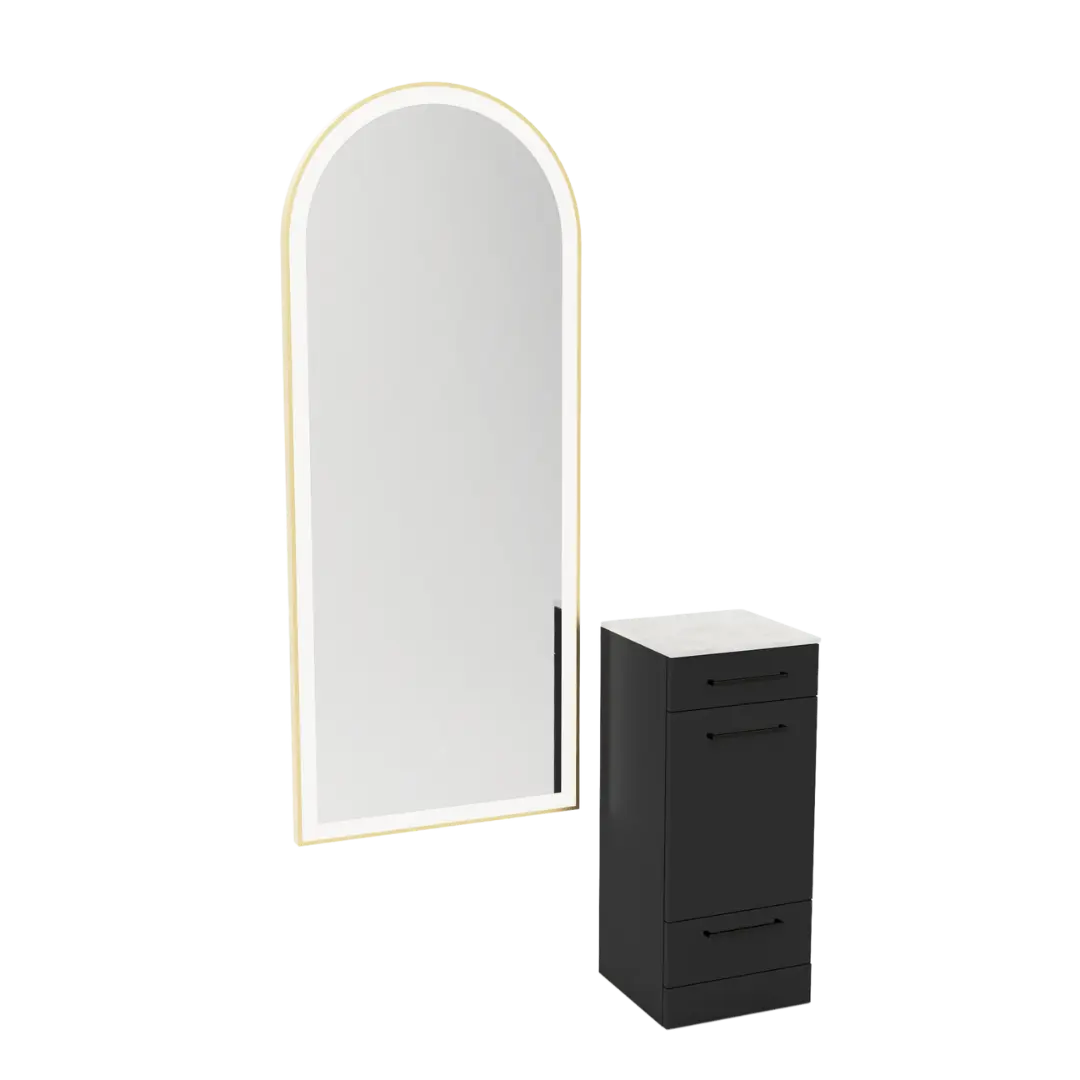 Rococo Mobile Styling Station with Tilt-out Appliance Holder, Solid Surface Countertop, and Gold Full-Length Arch Paloma Mirror