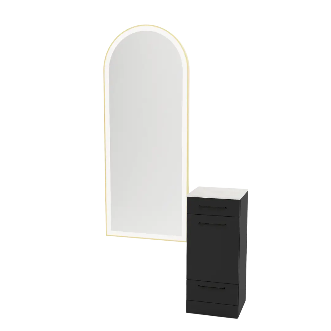 Rococo Mobile Styling Station with Tilt-out Appliance Holder, Solid Surface Countertop, and Gold Full-Length Arch Paloma Mirror