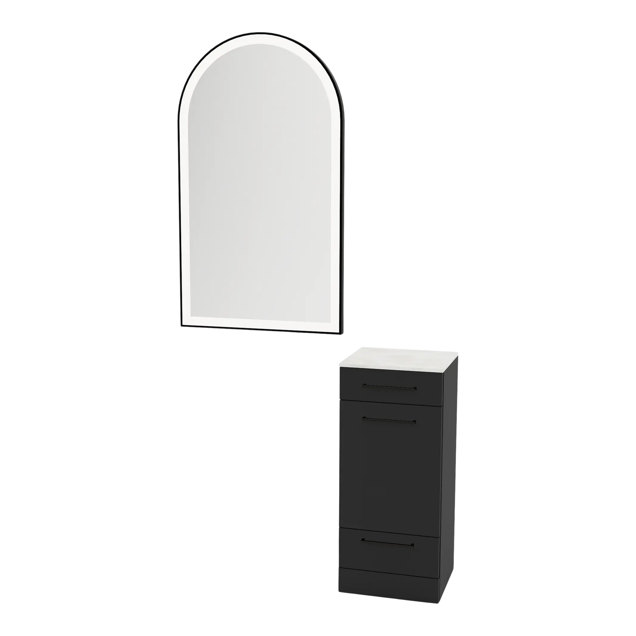 Rococo Mobile Styling Station with Tilt-out Appliance Holder, Solid Surface Countertop, and Black Arch Paloma Mirror