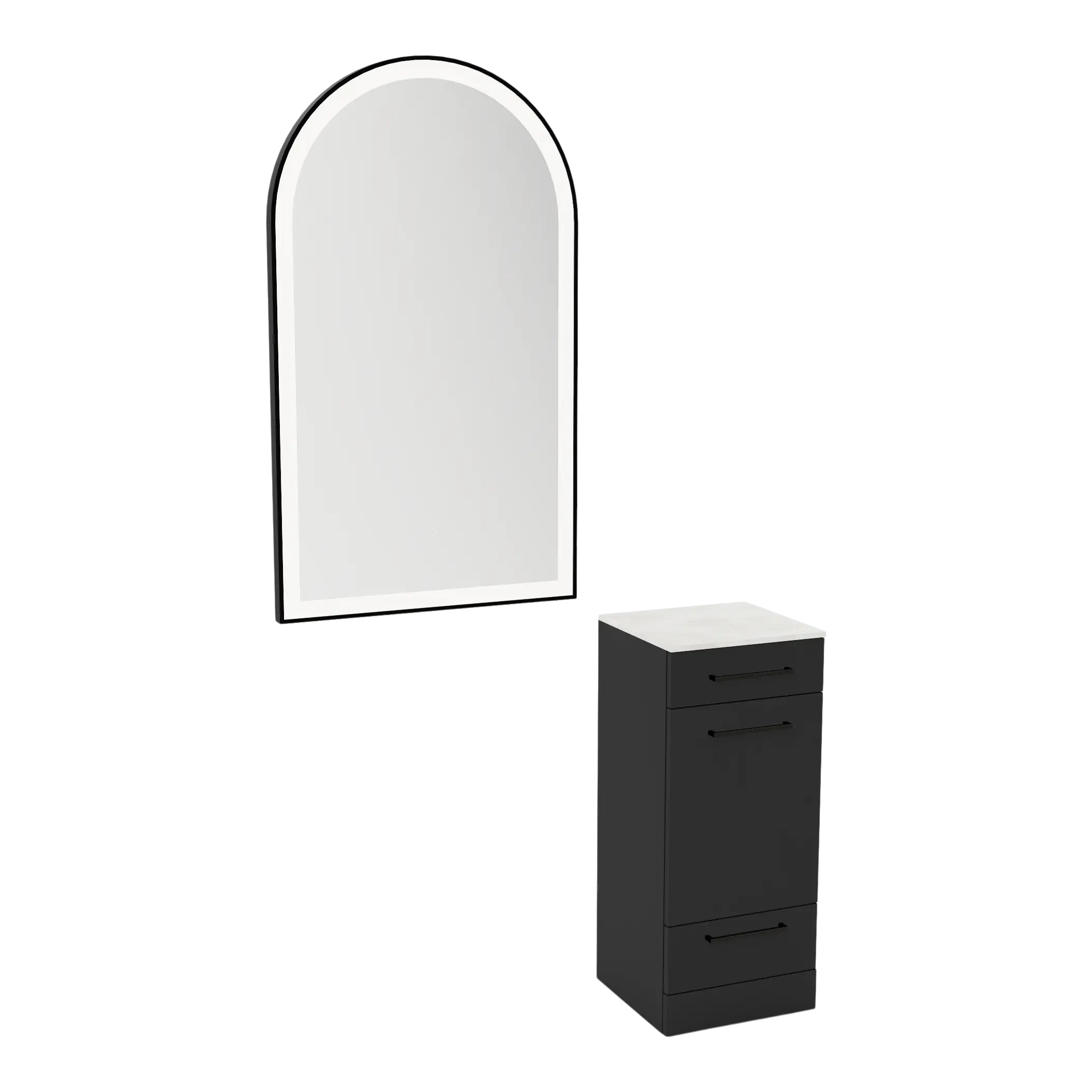 Rococo Mobile Styling Station with Tilt-out Appliance Holder, Solid Surface Countertop, and Black Arch Paloma Mirror