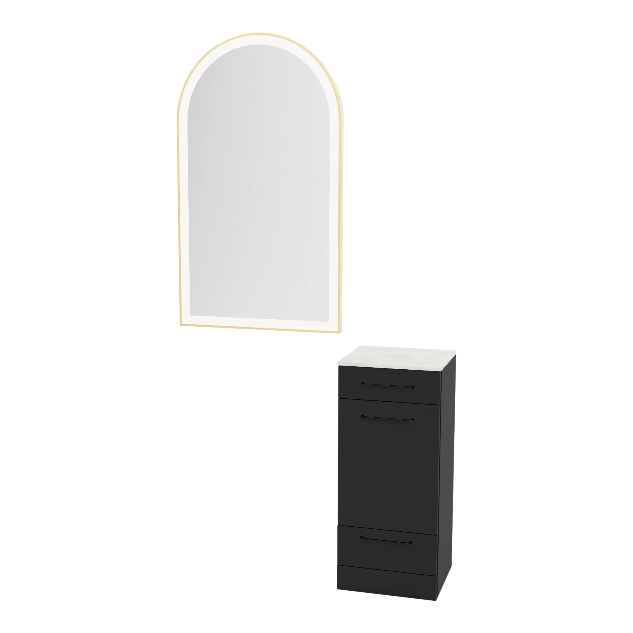 Rococo Mobile Styling Station with Tilt-out Appliance Holder, Solid Surface Countertop, and Gold Arch Paloma Mirror