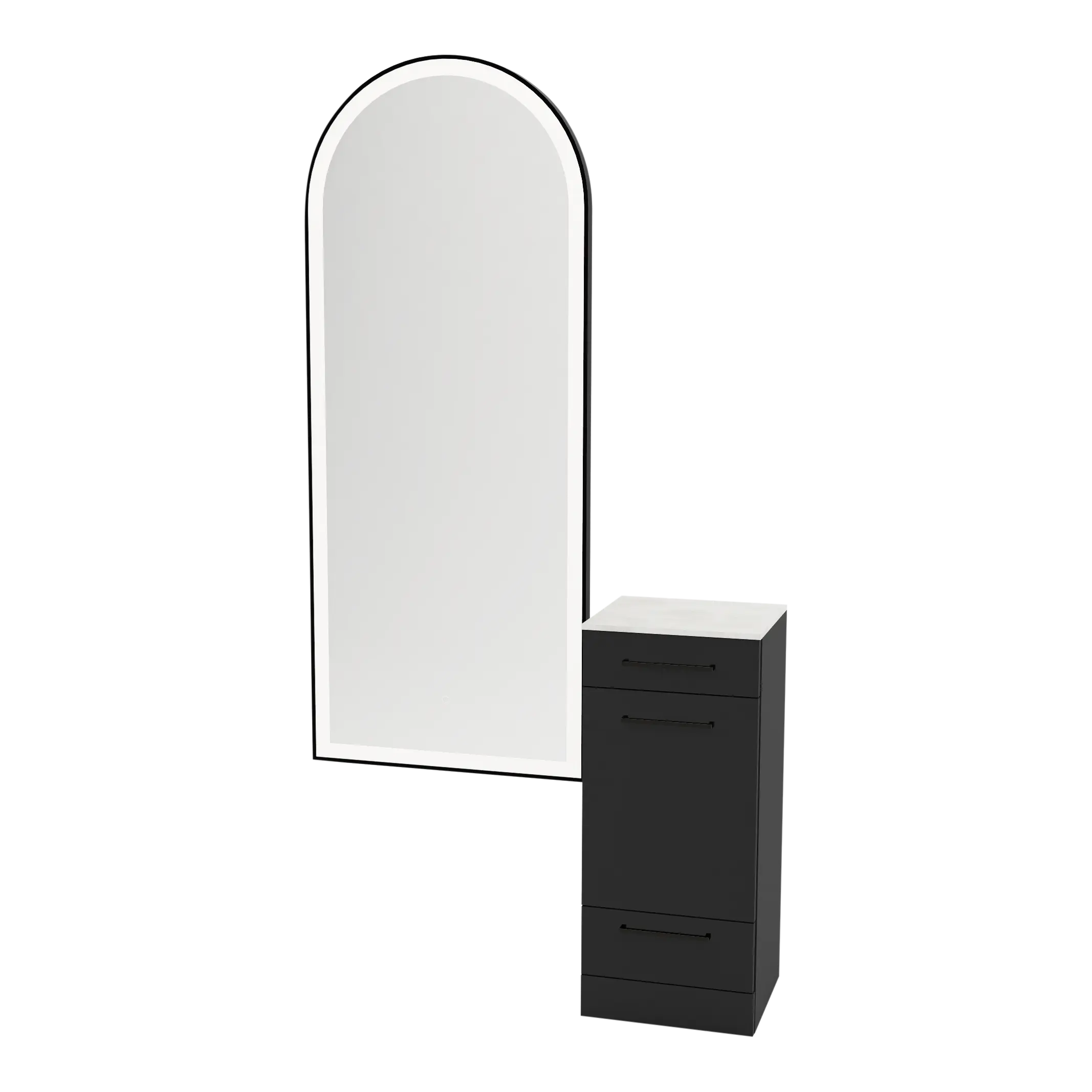 Rococo Mobile Styling Station with Tilt-out Appliance Holder, Solid Surface Countertop, and Black Full-Length Arch Paloma Mirror