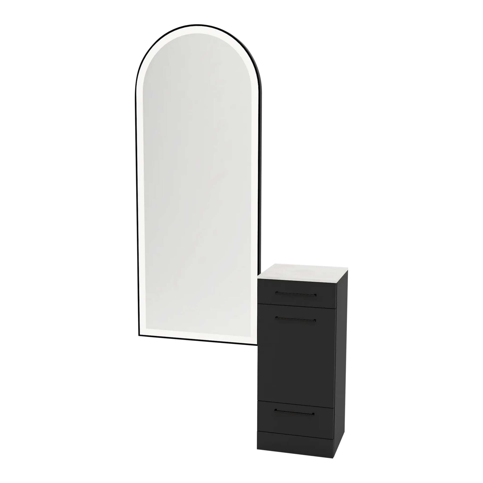 Rococo Mobile Styling Station with Tilt-out Appliance Holder, Solid Surface Countertop, and Black Full-Length Arch Paloma Mirror