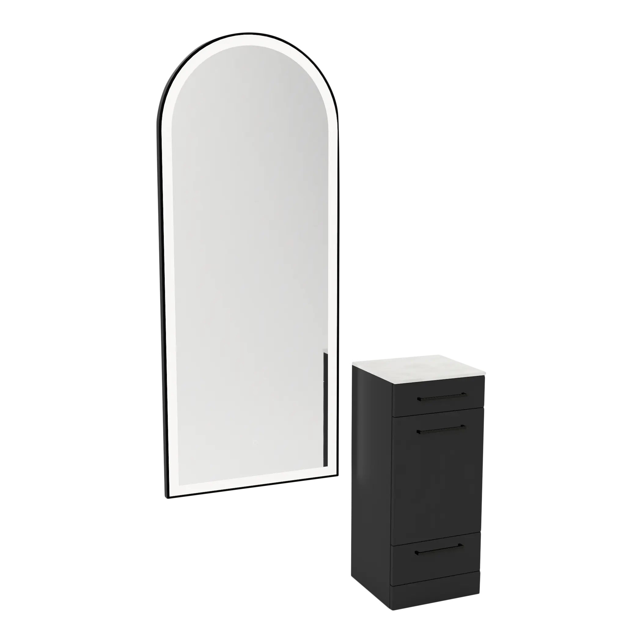 Rococo Mobile Styling Station with Tilt-out Appliance Holder, Solid Surface Countertop, and Black Full-Length Arch Paloma Mirror