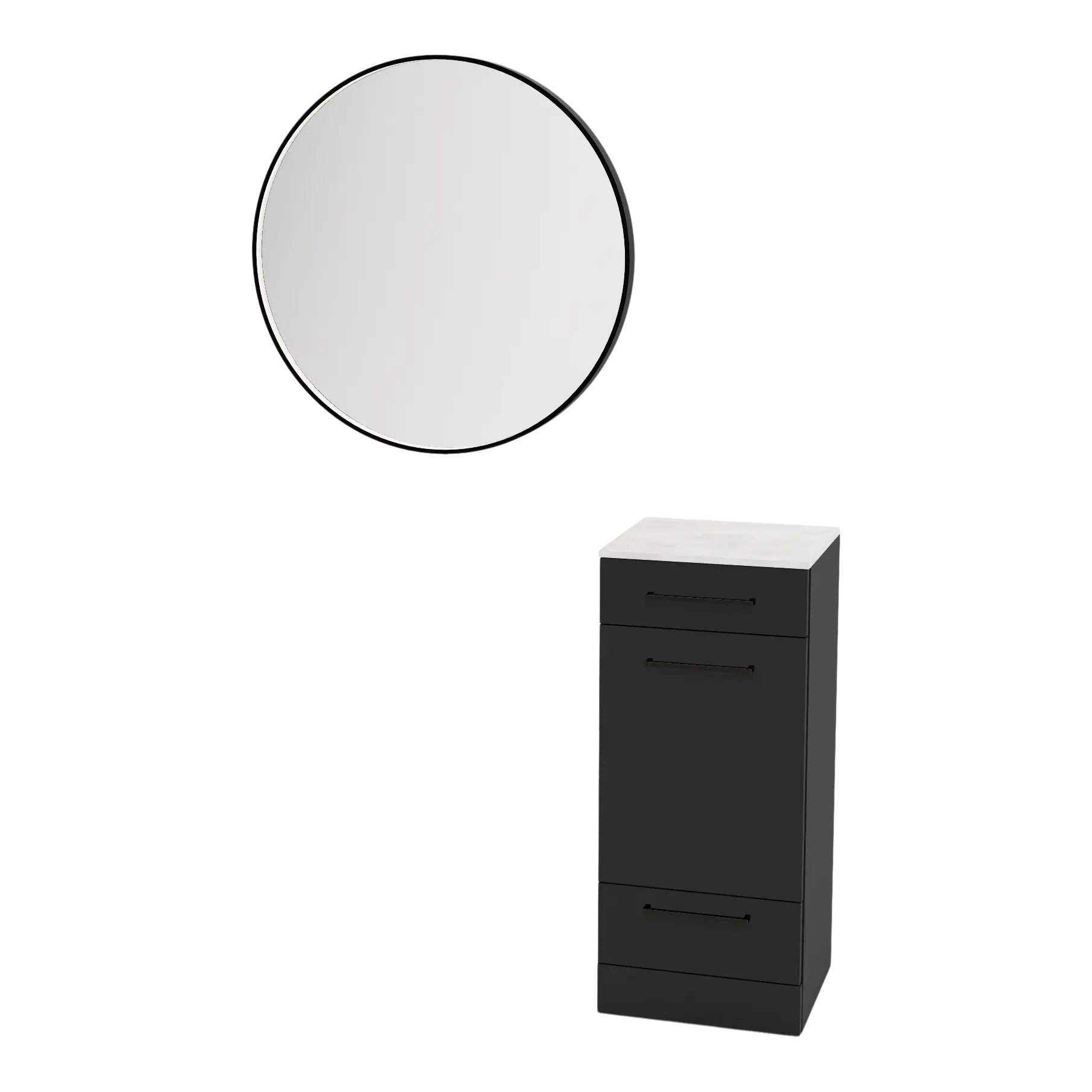 Rococo Mobile Styling Station with Tilt-out Appliance Holder, Solid Surface Countertop, and Black Round Westin Mirror