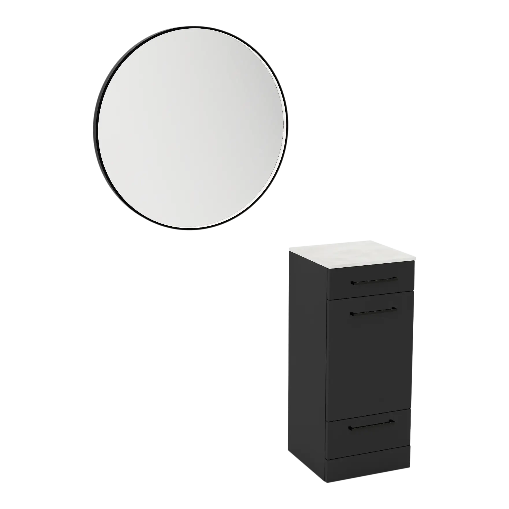 Rococo Mobile Styling Station with Tilt-out Appliance Holder, Solid Surface Countertop, and Black Round Westin Mirror